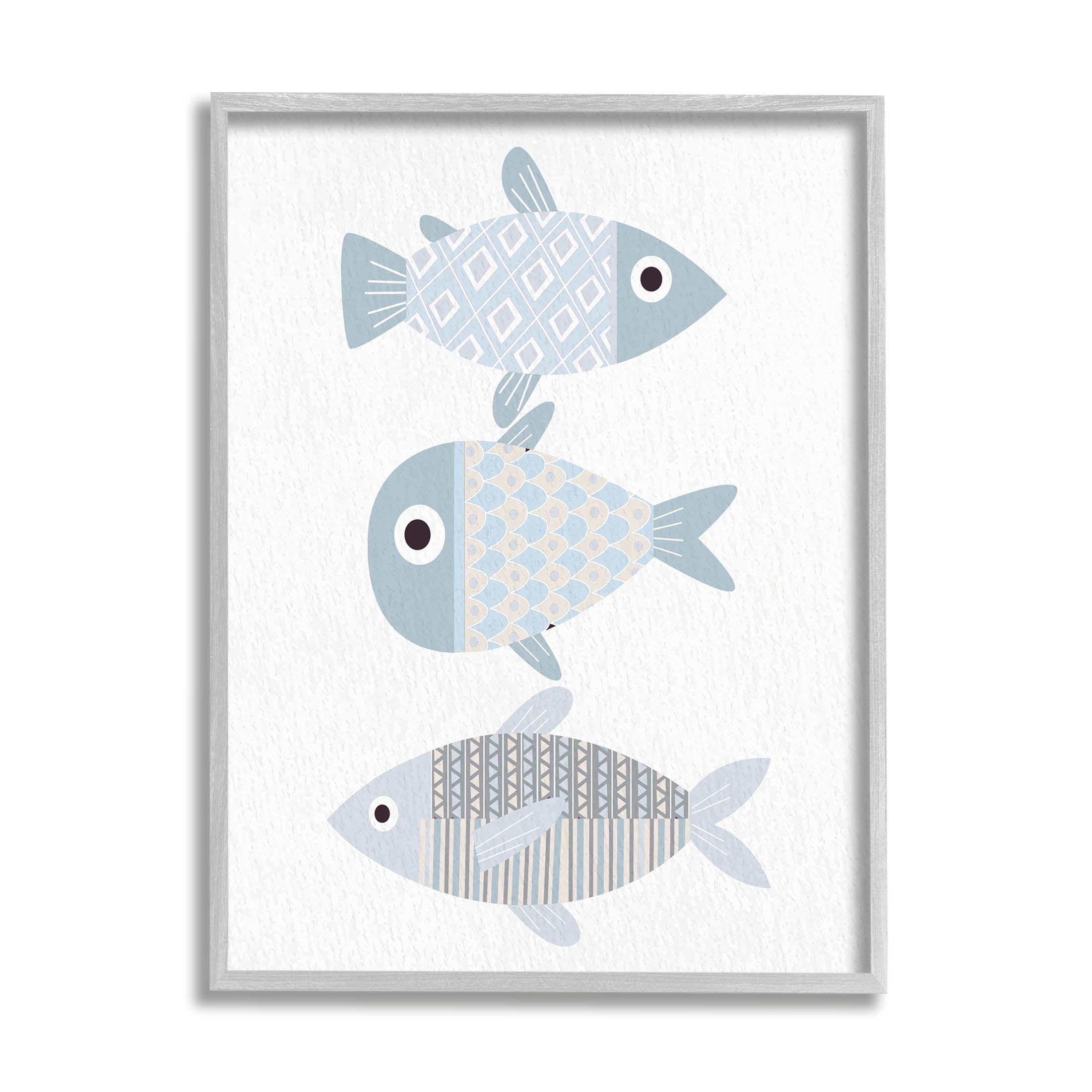 Stupell Industries Three Whimsical Patterned Fish Sea Life Graphic Art Gray Framed Art Print Wall Art, Design by Kim Allen