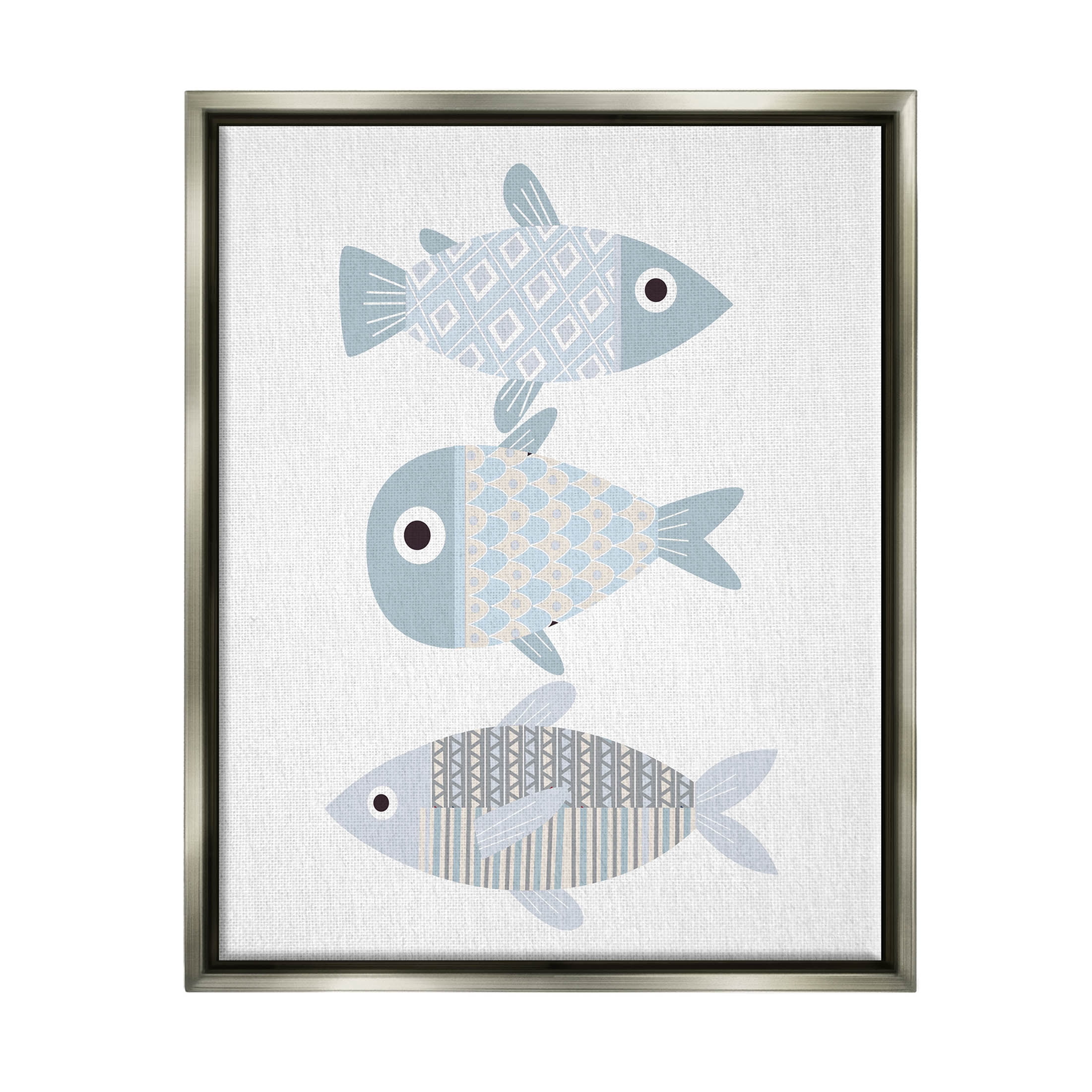 Stupell Industries Three Whimsical Patterned Fish Sea Life Graphic Art Luster Gray Floating Framed Canvas Print Wall Art, Design by Kim Allen