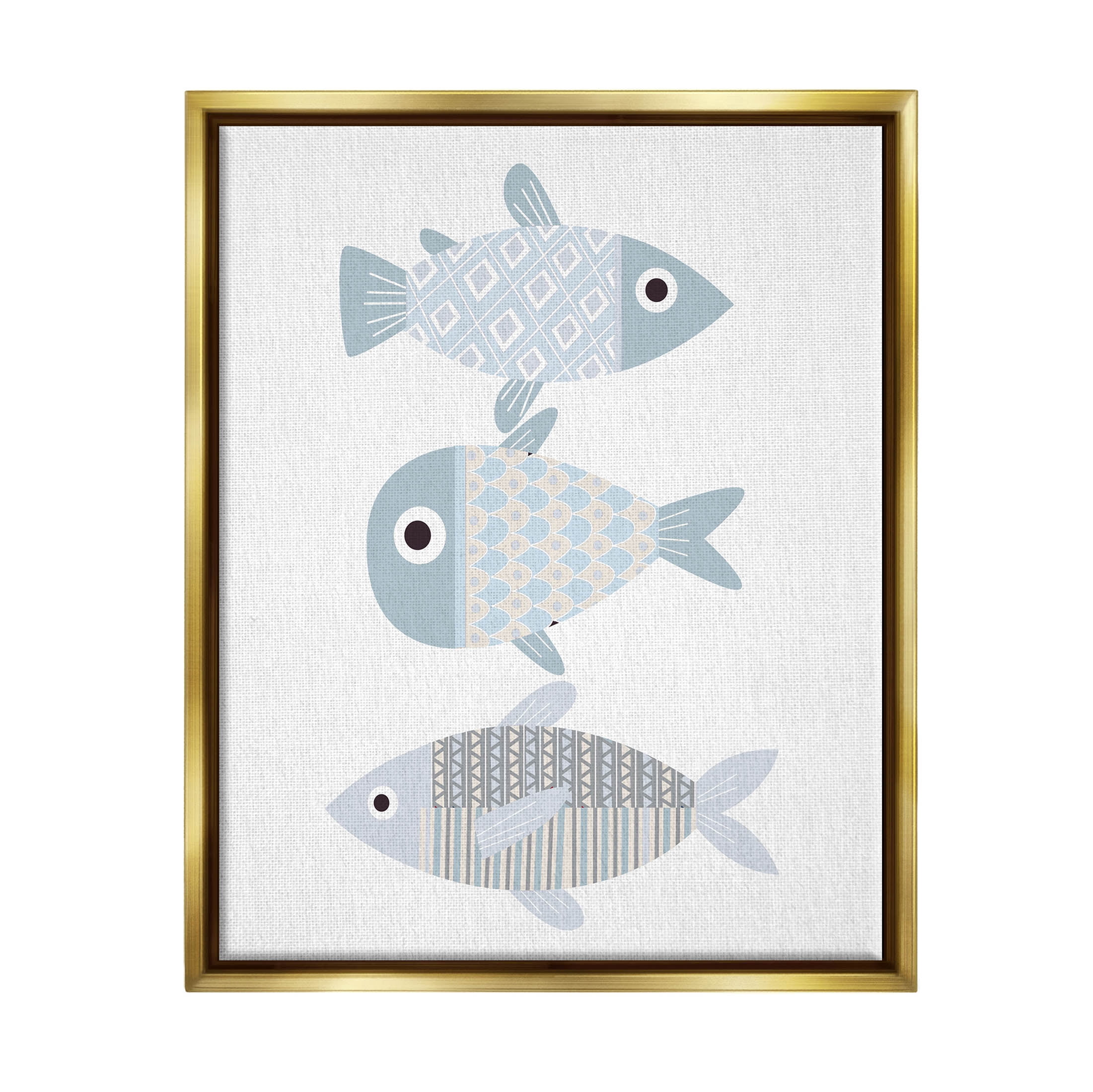 Stupell Industries Three Whimsical Patterned Fish Sea Life Graphic Art Metallic Gold Floating Framed Canvas Print Wall Art, Design by Kim Allen