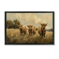 Stupell Industries Three's A Party Cattle Animals & Insects Painting Black Floater Framed Canvas Art Print Wall Art, 25 x 17