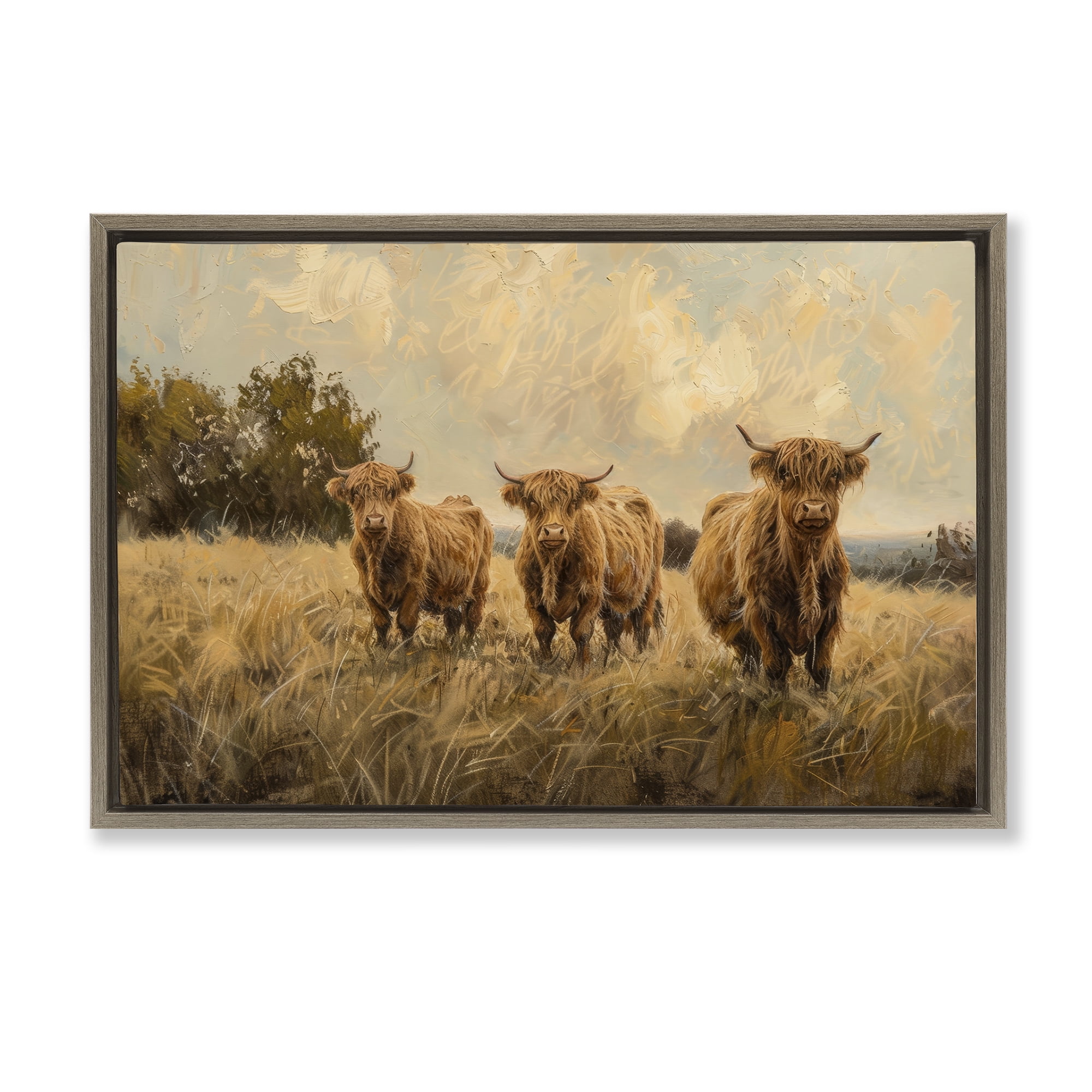 Stupell Industries Three's A Party Cattle Animals & Insects Painting Brown Floater Framed Canvas Art Print Wall Art, 25 x 17