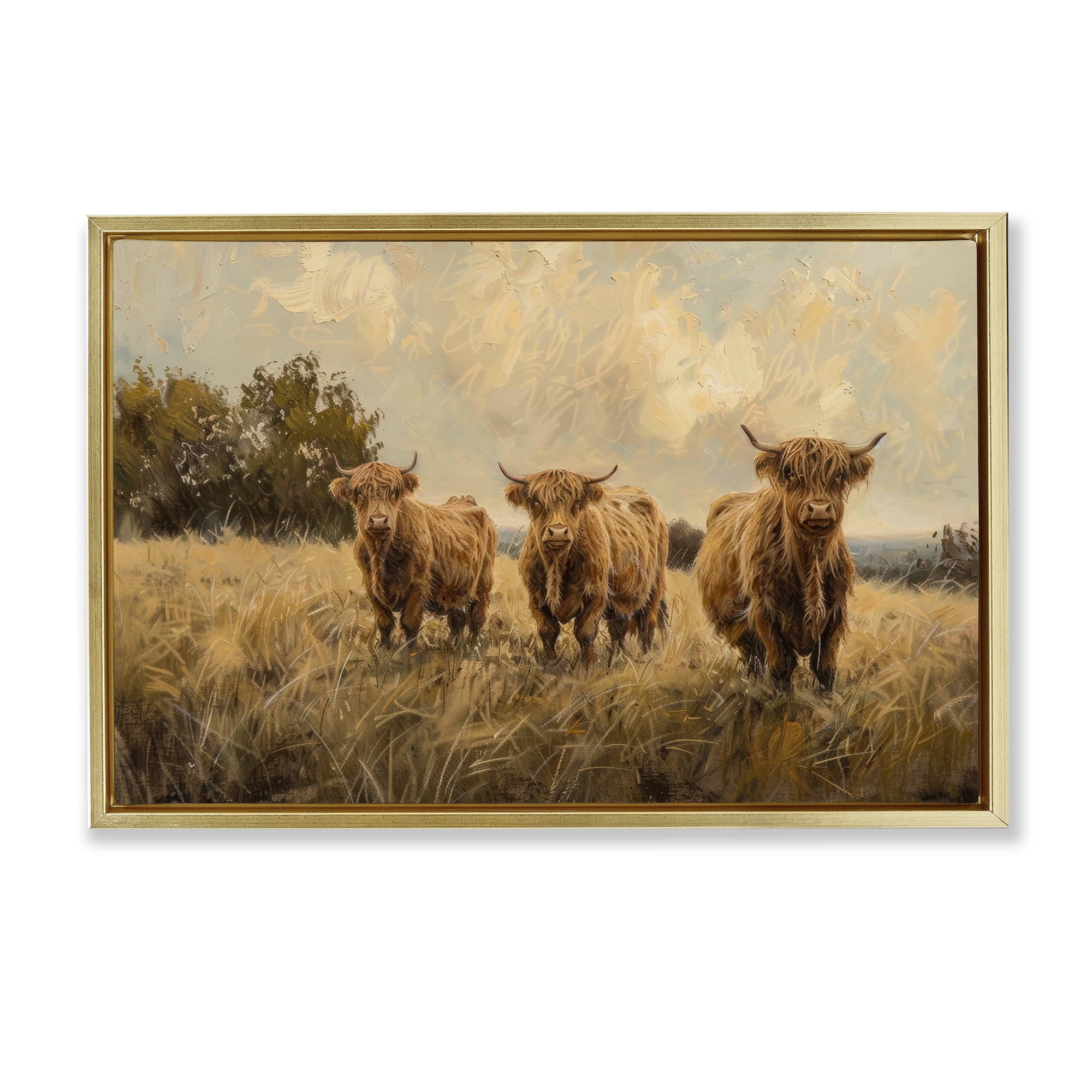 Stupell Industries Three's A Party Cattle Animals & Insects Painting Gold Floater Framed Canvas Art Print Wall Art, 31 x 21