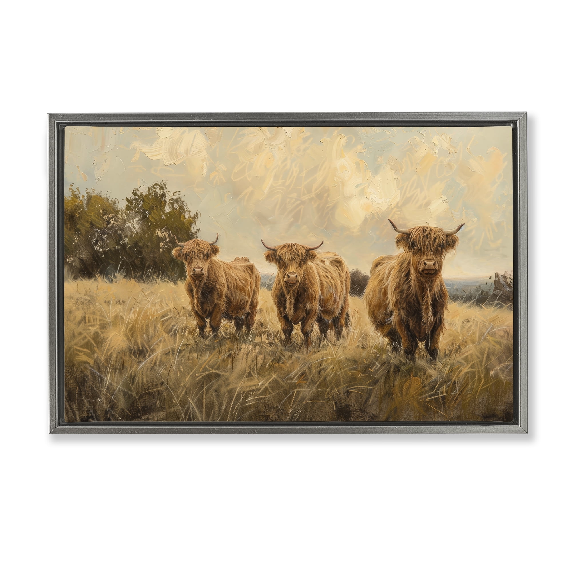 Stupell Industries Three's A Party Cattle Animals & Insects Painting Gray Floater Framed Canvas Art Print Wall Art, 25 x 17