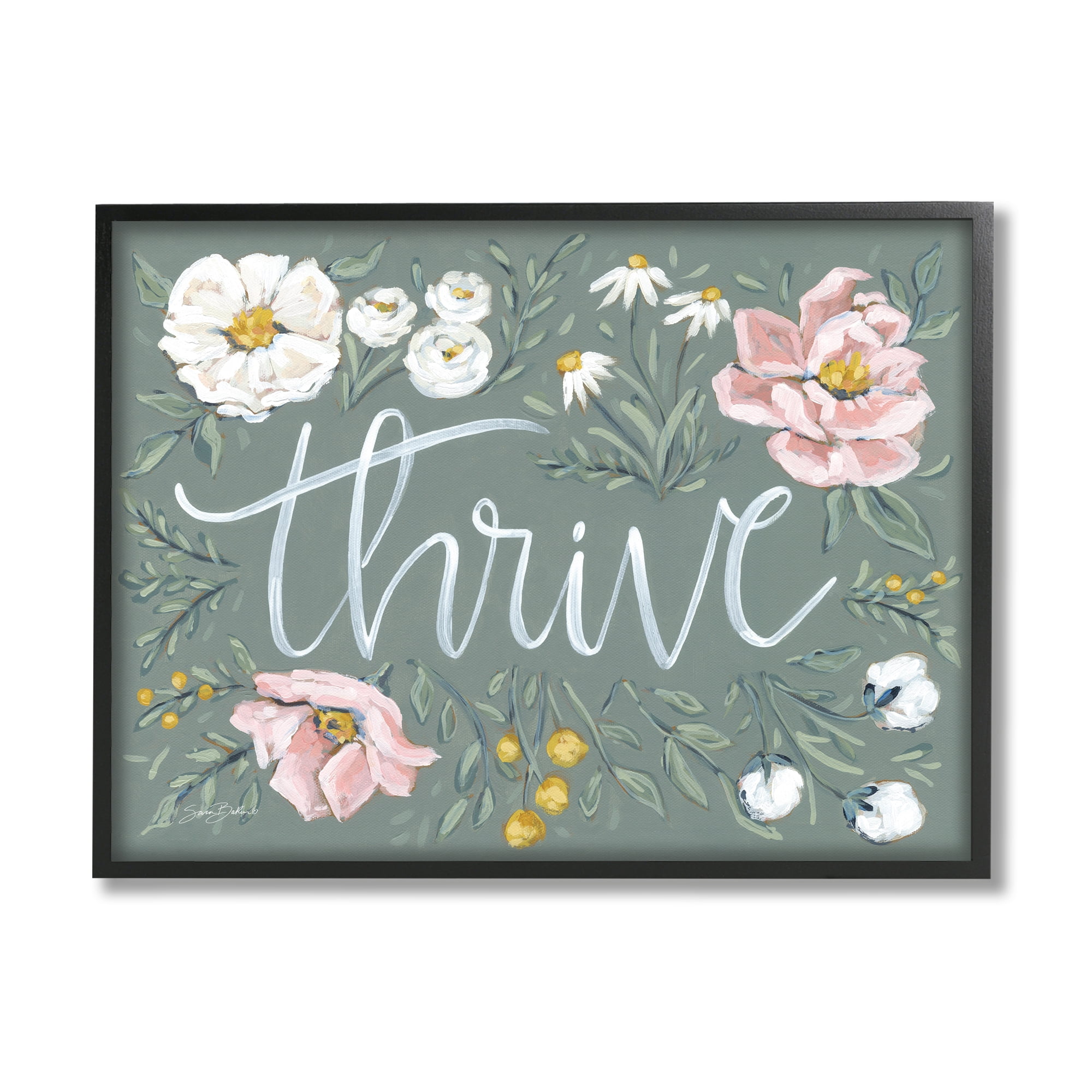 Stupell Industries Thrive Floral Border Botanical & Floral Painting Black Framed Art Print Wall Art, 14 x 11