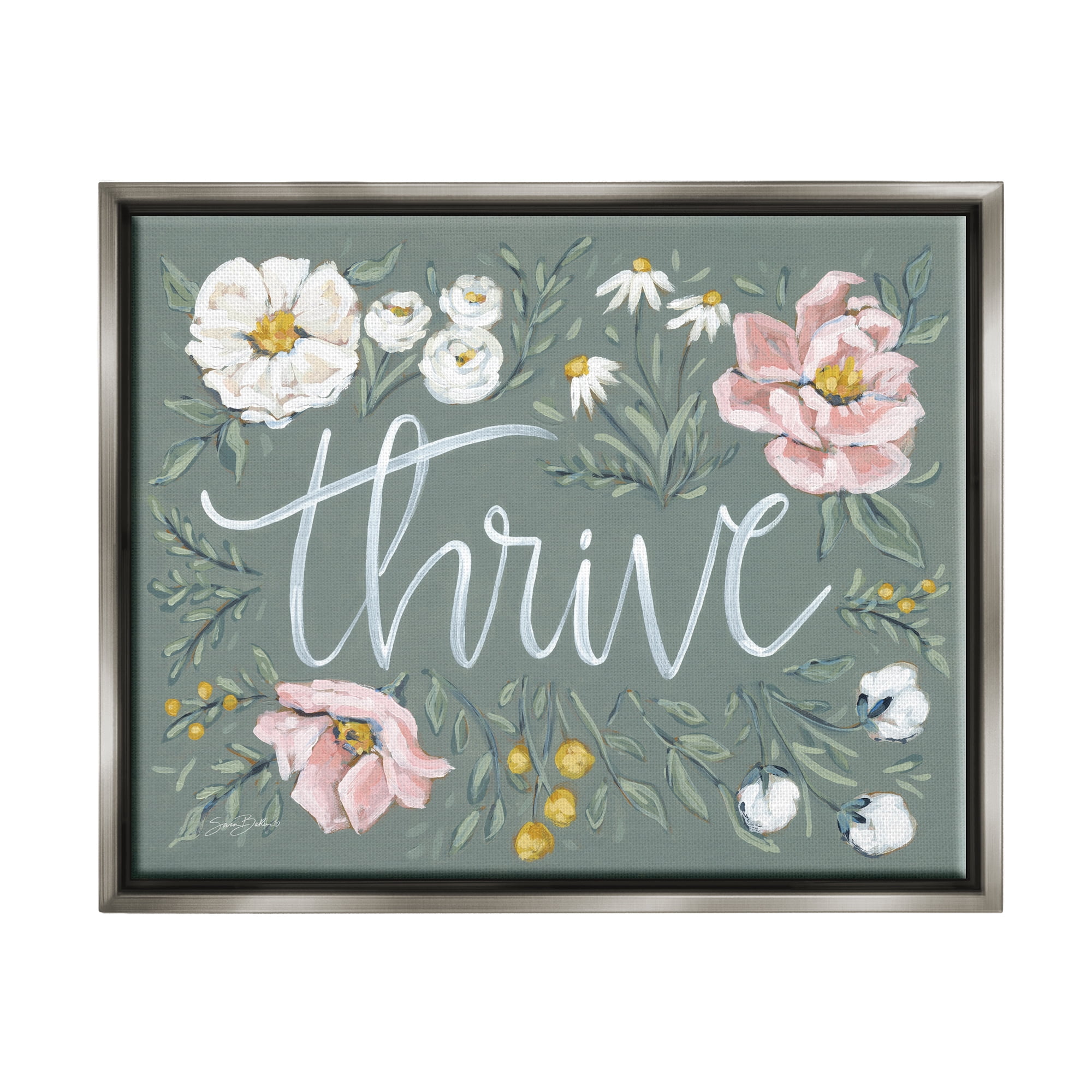 Stupell Industries Thrive Floral Border Botanical & Floral Painting Gray Floater Framed Art Print Wall Art, 21 x 17