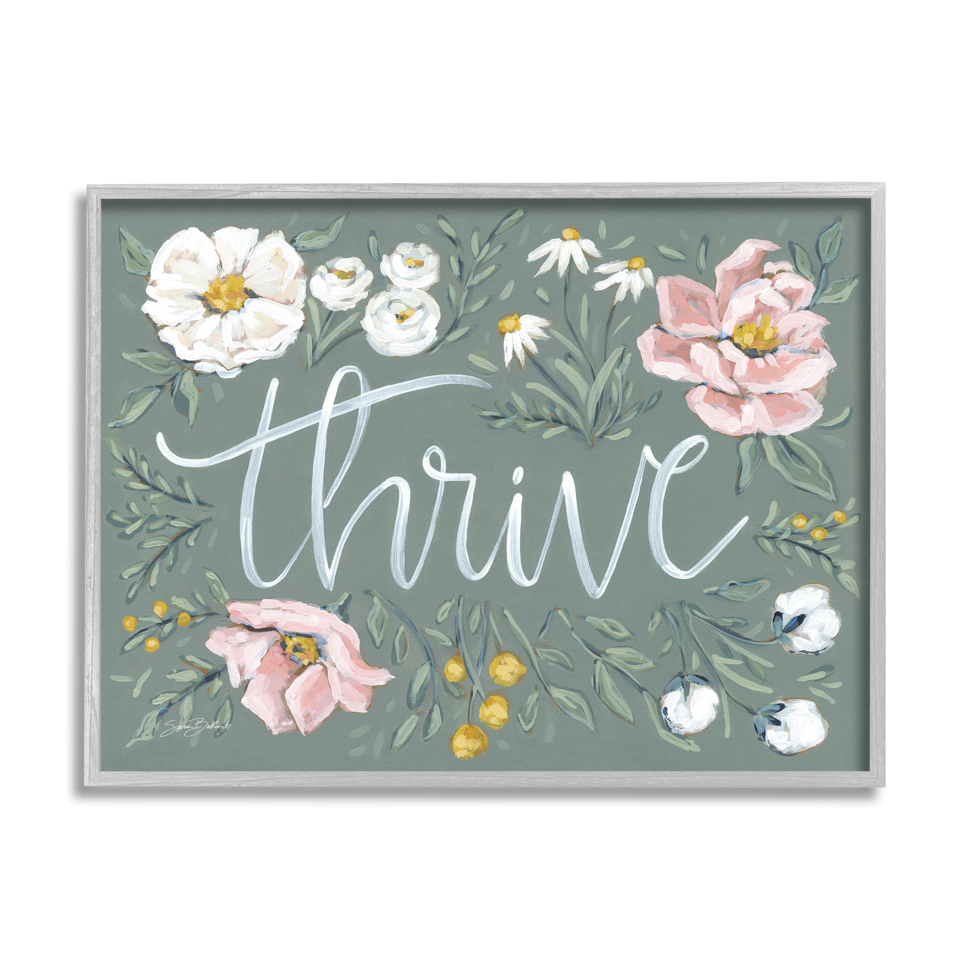 Stupell Industries Thrive Floral Border Botanical & Floral Painting Gray Framed Art Print Wall Art, 14 x 11