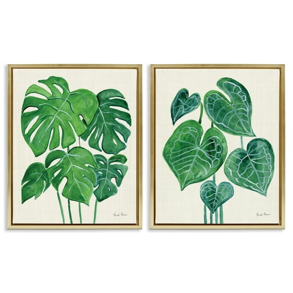 Stupell Industries Thriving Detailed Monstera Leaves Plants & Flowers Painting Gold Floater Framed Canvas Art Print Wall Art, 17 x 21, Set of 2