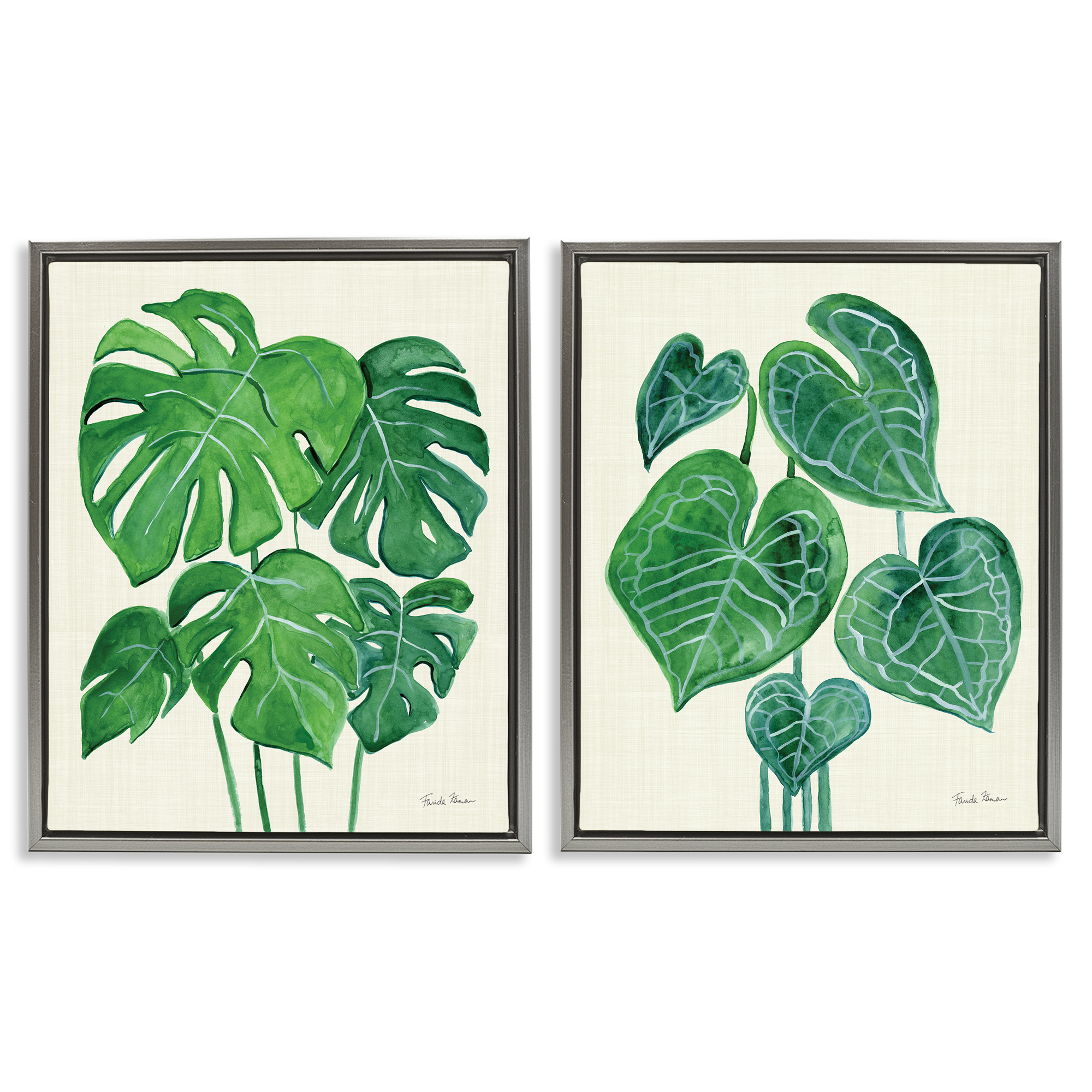 Stupell Industries Thriving Detailed Monstera Leaves Plants & Flowers Painting Gray Floater Framed Canvas Art Print Wall Art, 31 x 25, Set of 2