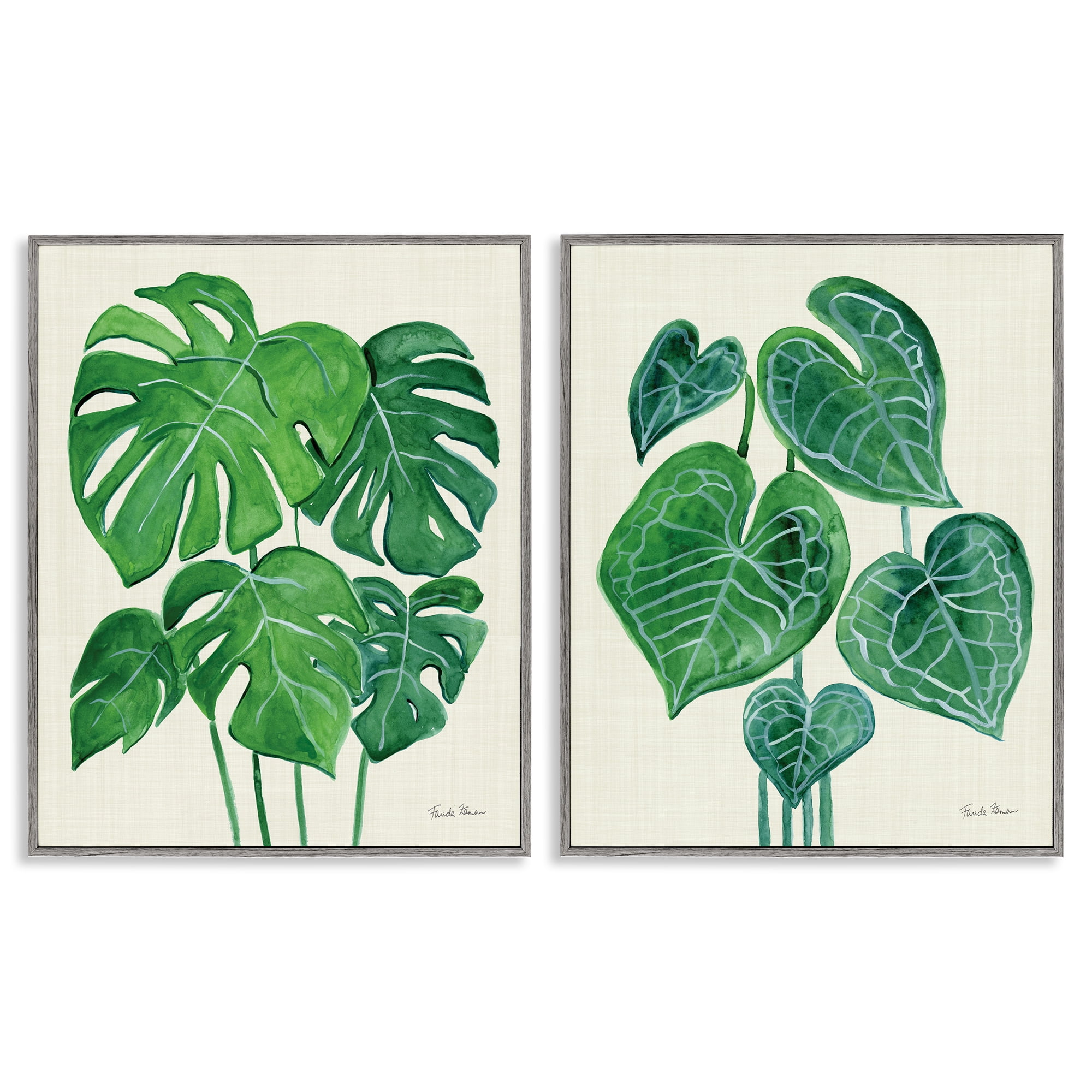 Stupell Industries Thriving Detailed Monstera Leaves Plants & Flowers Painting Gray Framed Art Print Wall Art, 24 x 30, Set of 2