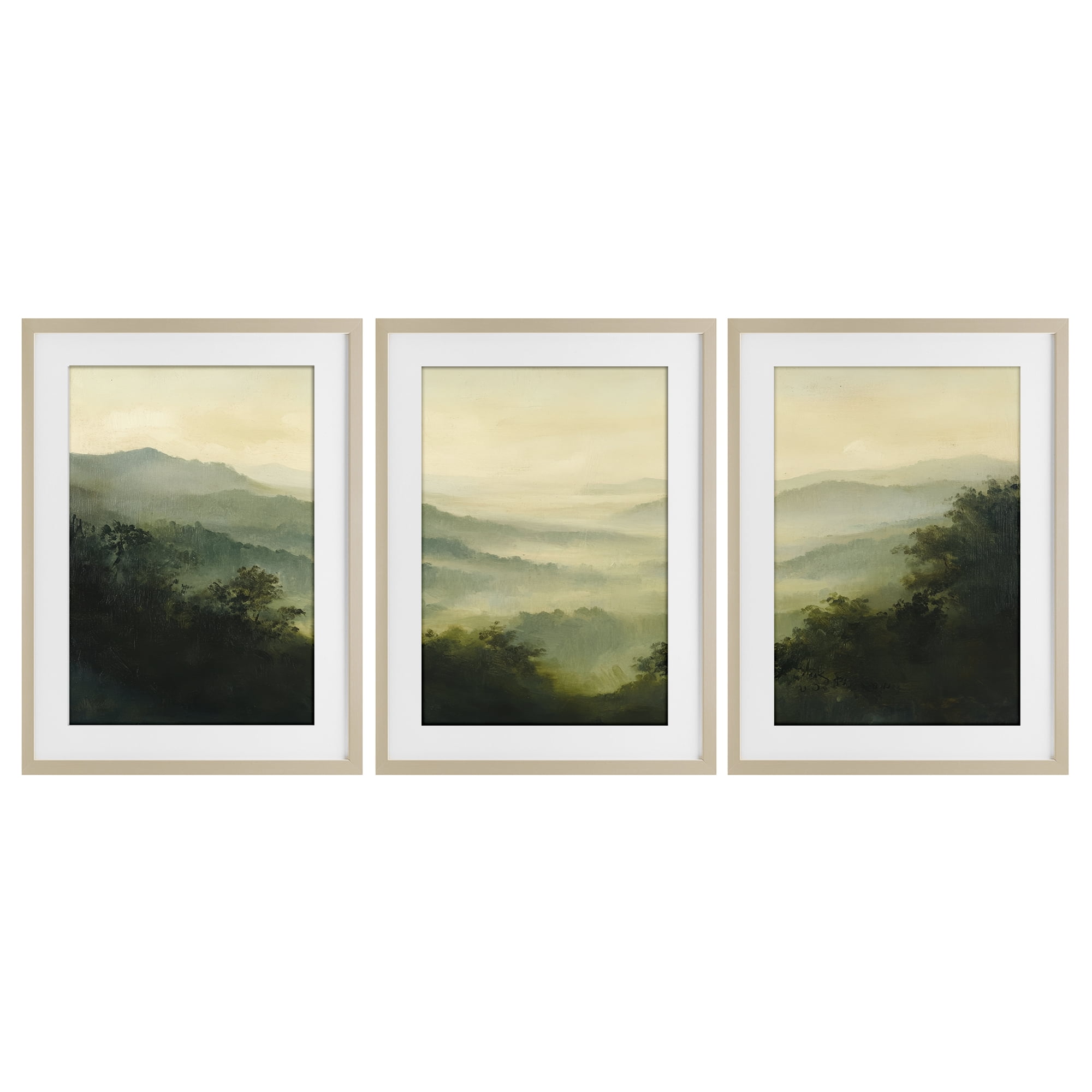 Stupell Industries Through The Haze Mountain Panorama 3 Piece Birch Framed Print Under Glass Set, design by Petal Prints Design