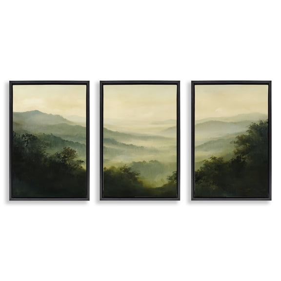 Stupell Industries Through The Haze Mountain Panorama 3 Piece Black Framed Floater Canvas Set, design by Petal Prints Design