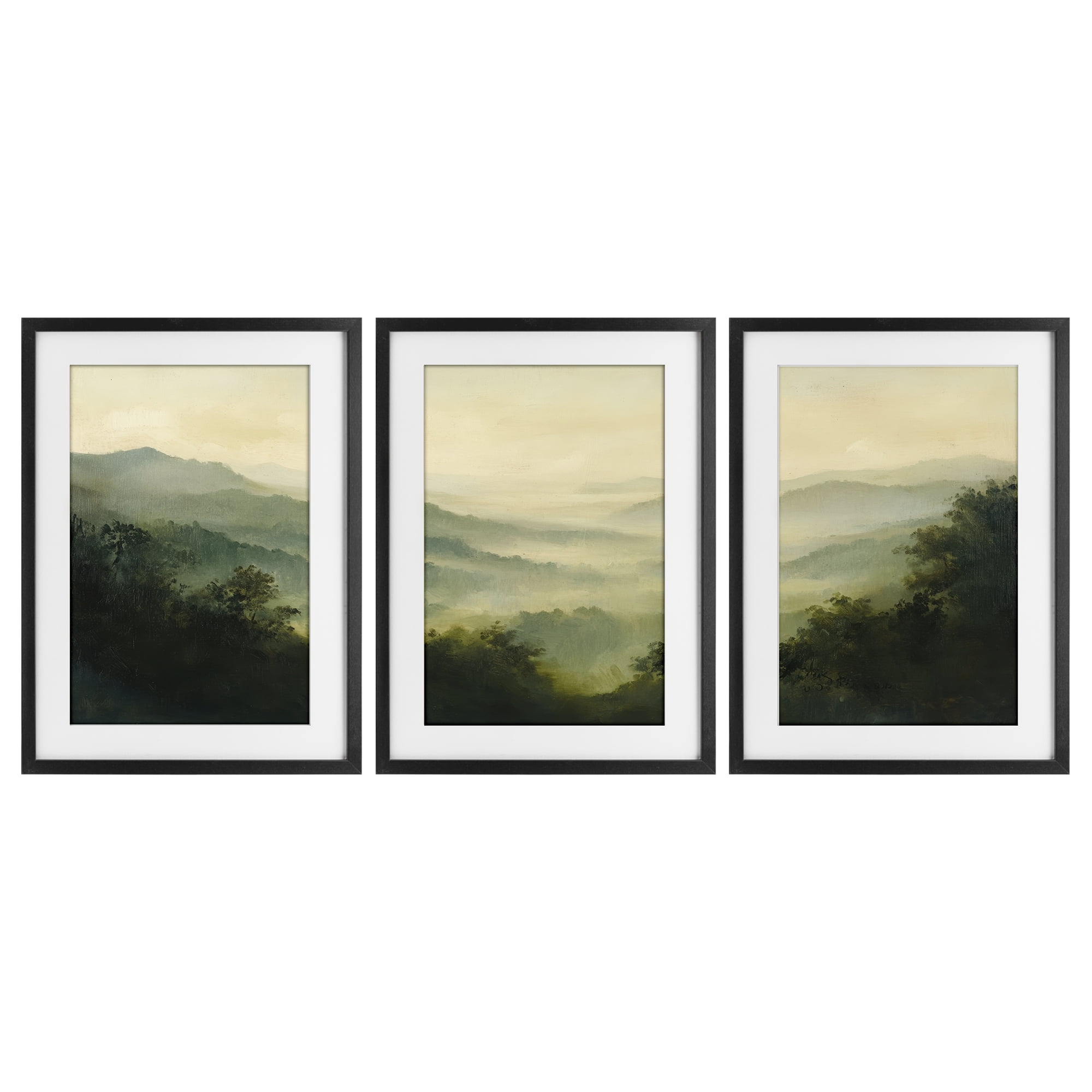 Stupell Industries Through The Haze Mountain Panorama 3 Piece Black Framed Print Under Glass Set, design by Petal Prints Design