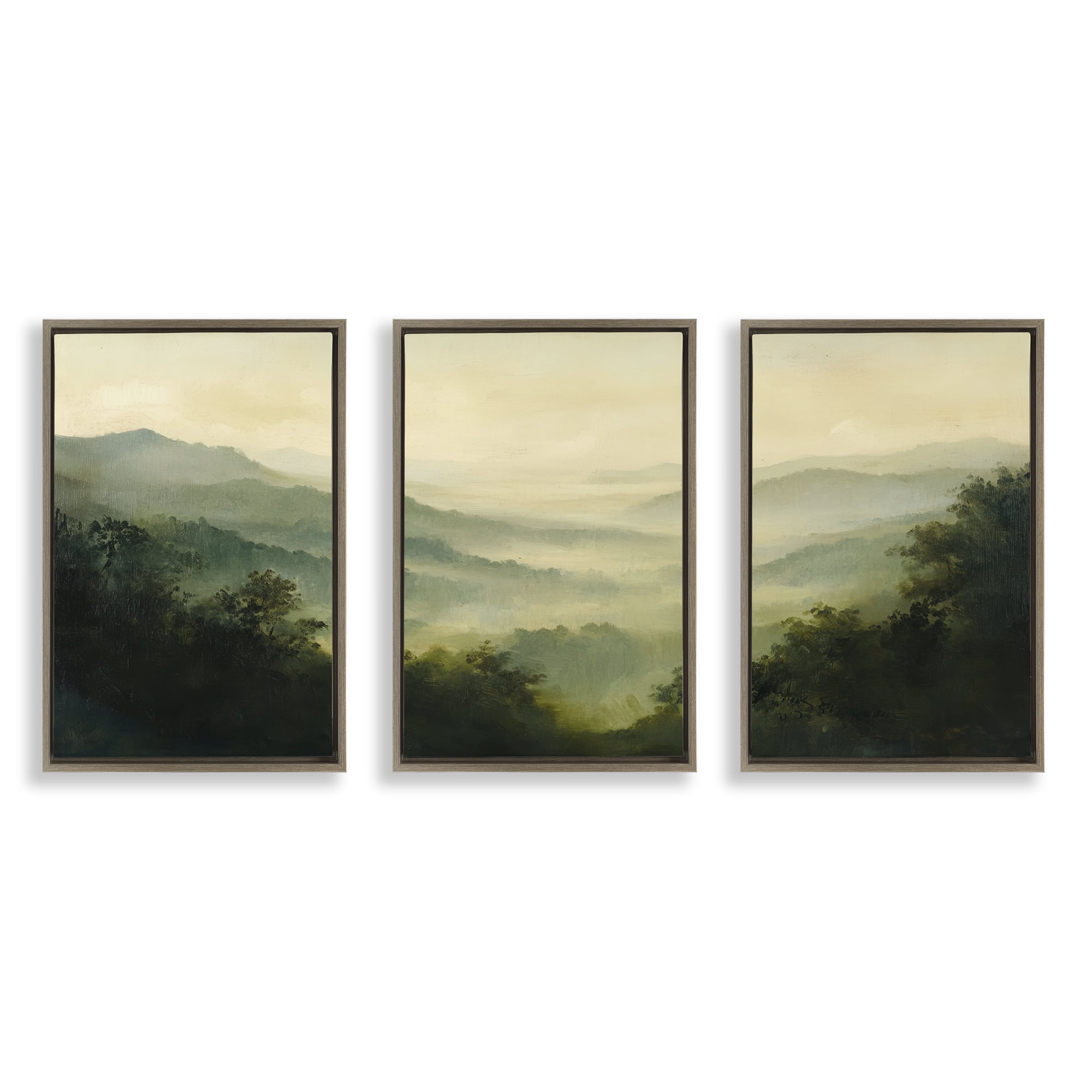 Stupell Industries Through The Haze Mountain Panorama 3 Piece Brown Framed Floater Canvas Set, design by Petal Prints Design