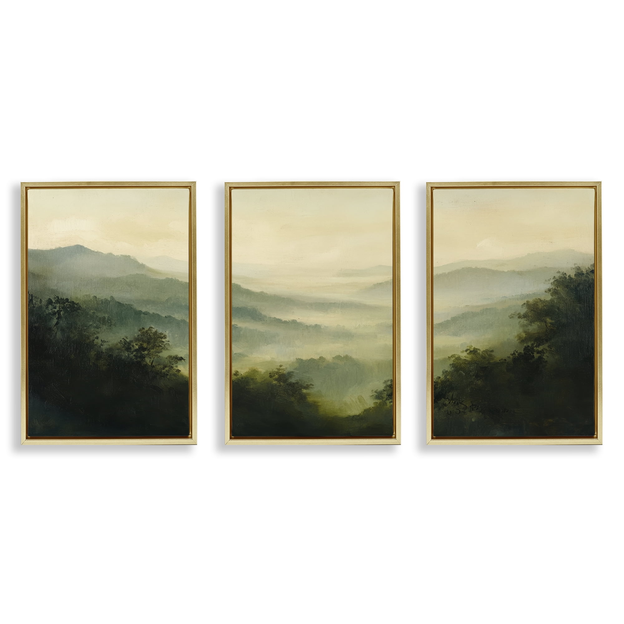 Stupell Industries Through The Haze Mountain Panorama 3 Piece Gold Framed Floater Canvas Set, design by Petal Prints Design
