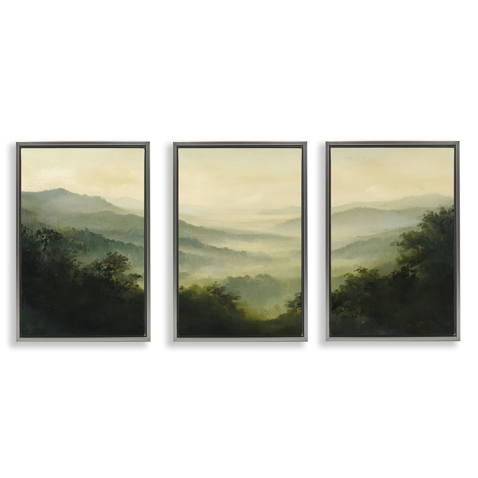 Stupell Industries Through The Haze Mountain Panorama 3 Piece Gray Framed Floater Canvas Set, design by Petal Prints Design