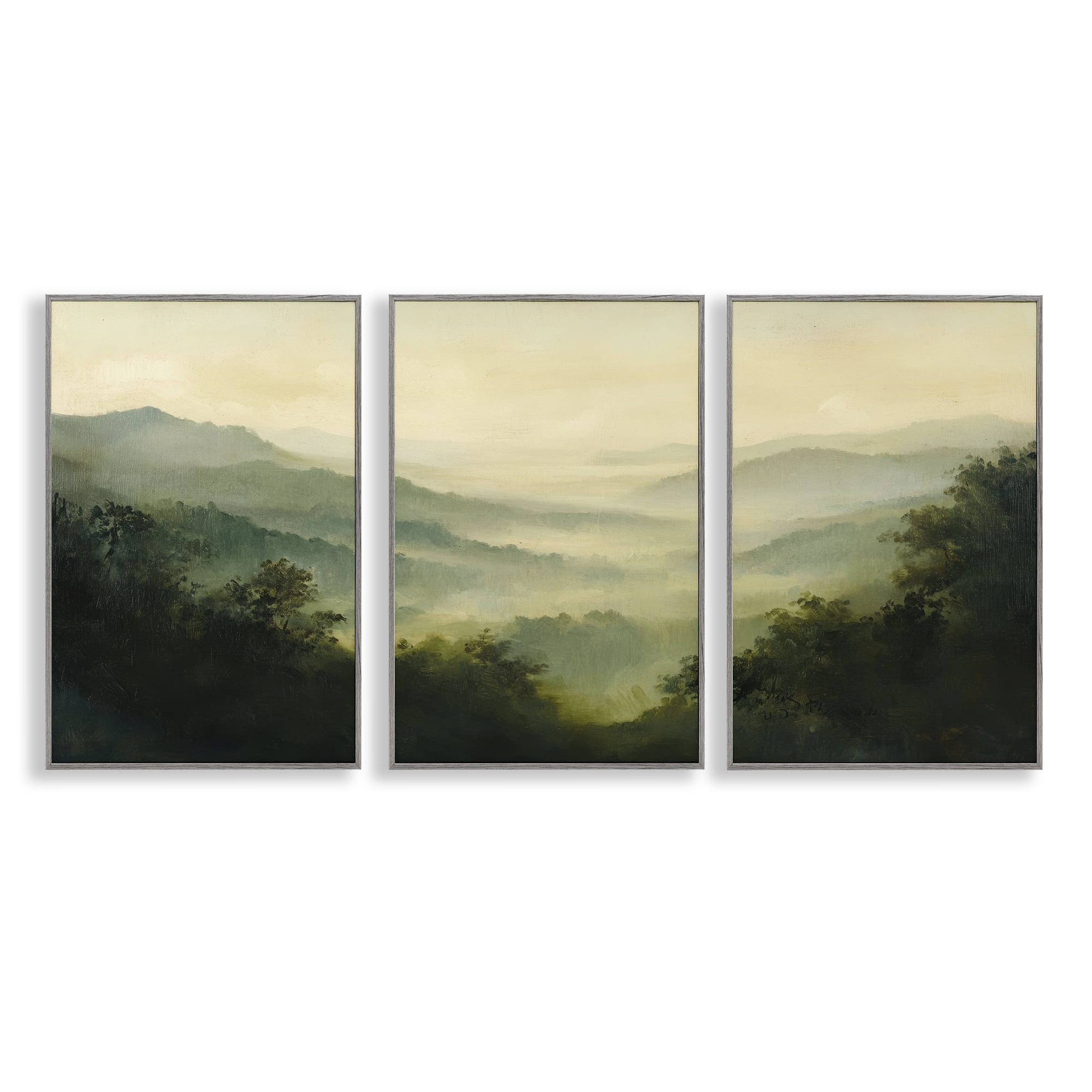 Stupell Industries Through The Haze Mountain Panorama 3 Piece Gray Framed Giclee Art Set, design by Petal Prints Design