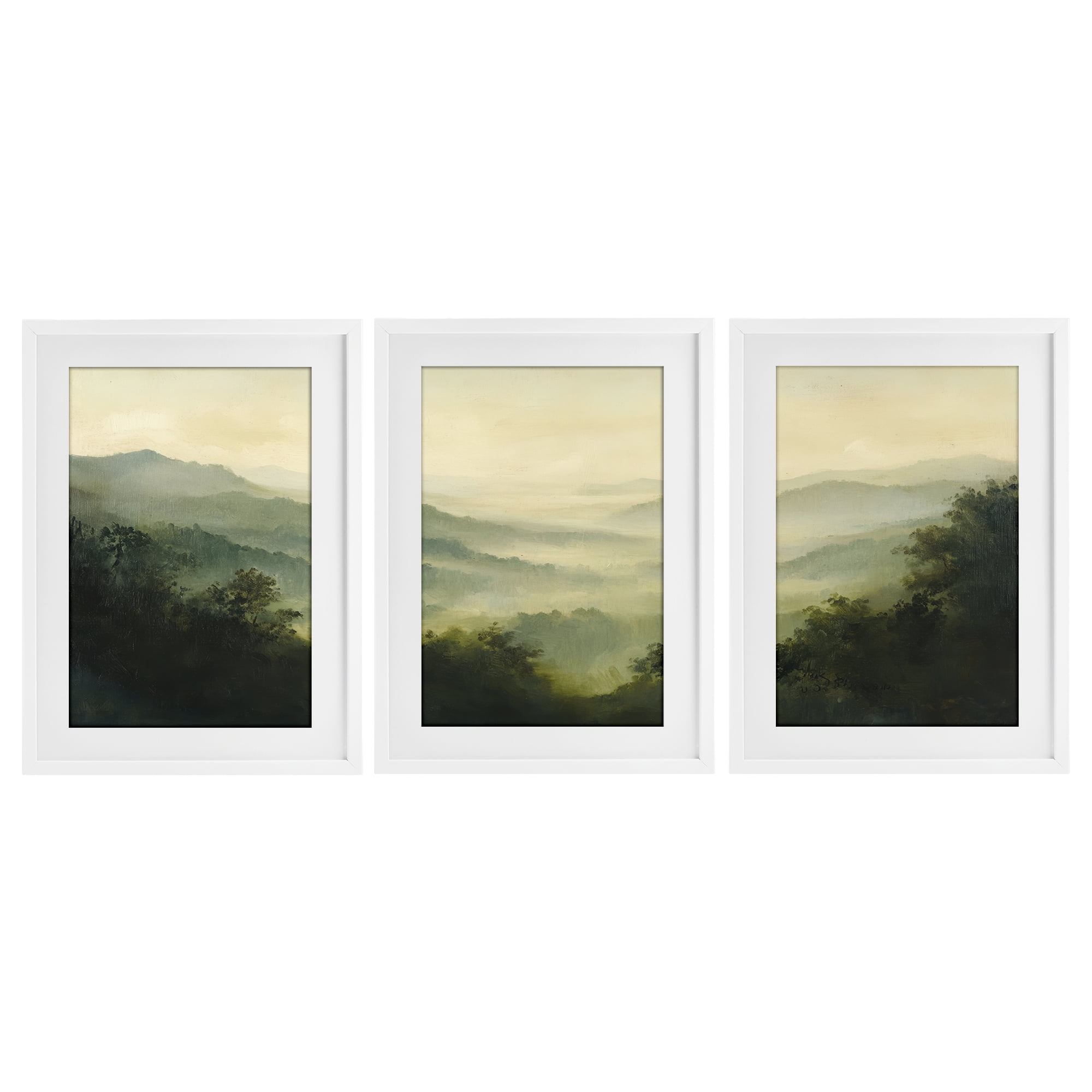 Stupell Industries Through The Haze Mountain Panorama 3 Piece White Framed Print Under Glass Set, design by Petal Prints Design