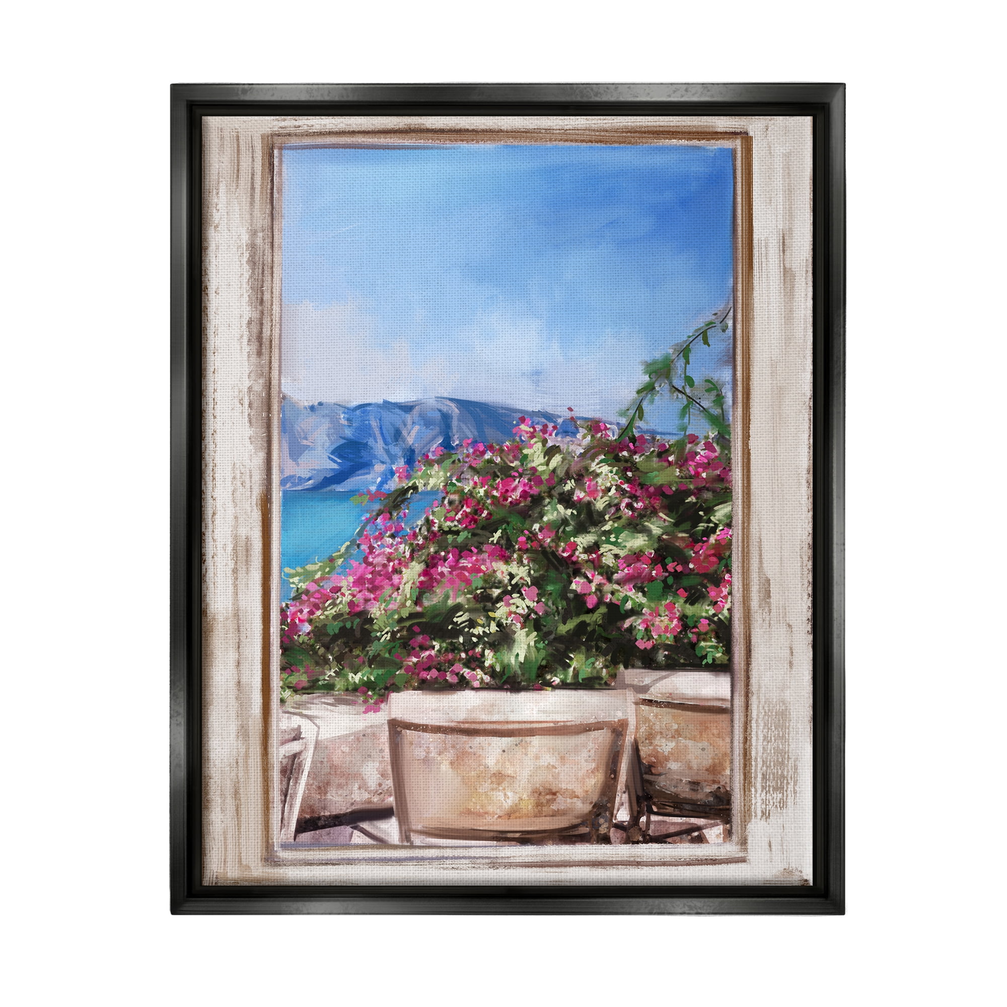 Stupell Industries Through Window View Seaside Flower Garden Scene Painting Jet Black Floating Framed Canvas Print Wall Art, Design by Ziwei Li