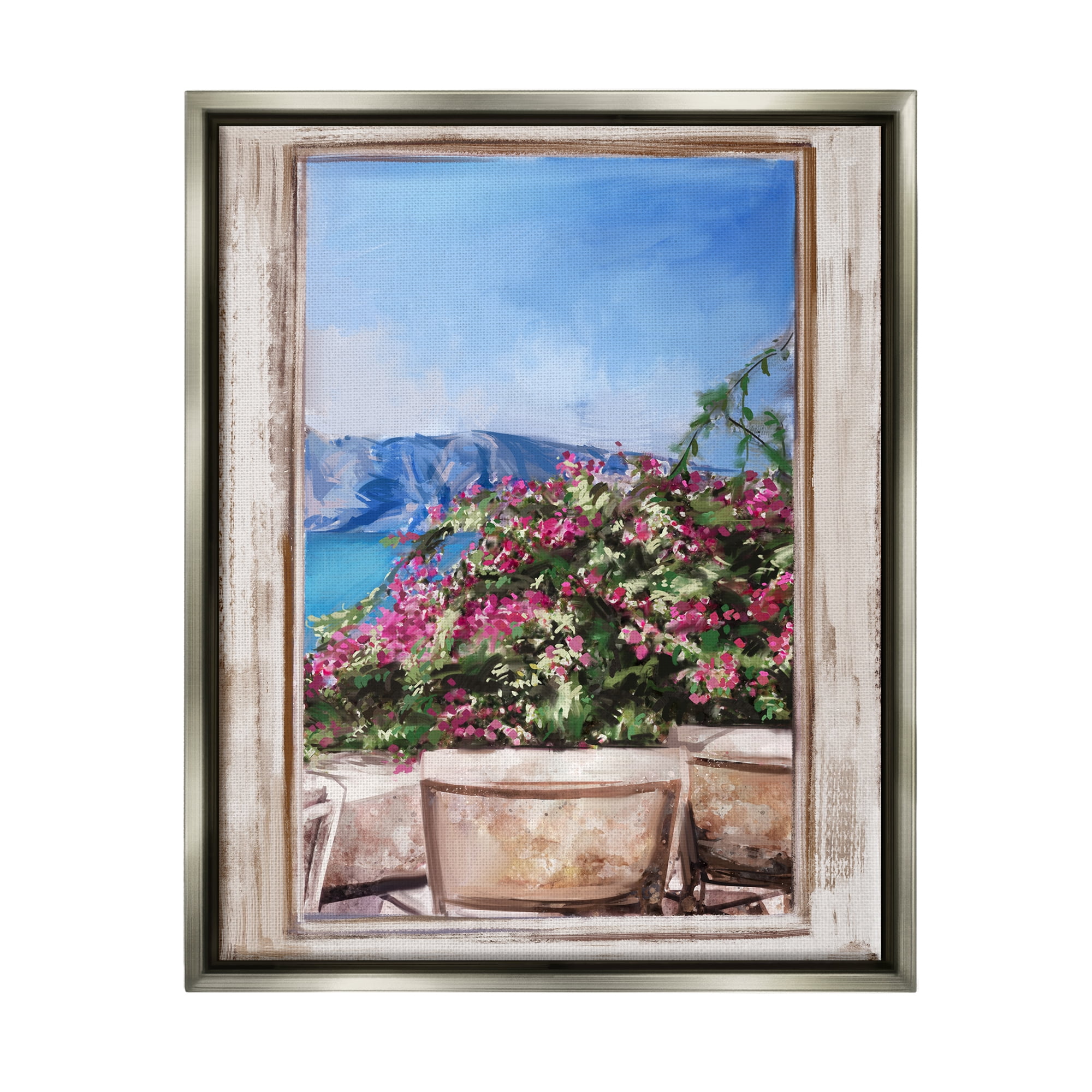 Stupell Industries Through Window View Seaside Flower Garden Scene Painting Luster Gray Floating Framed Canvas Print Wall Art, Design by Ziwei Li