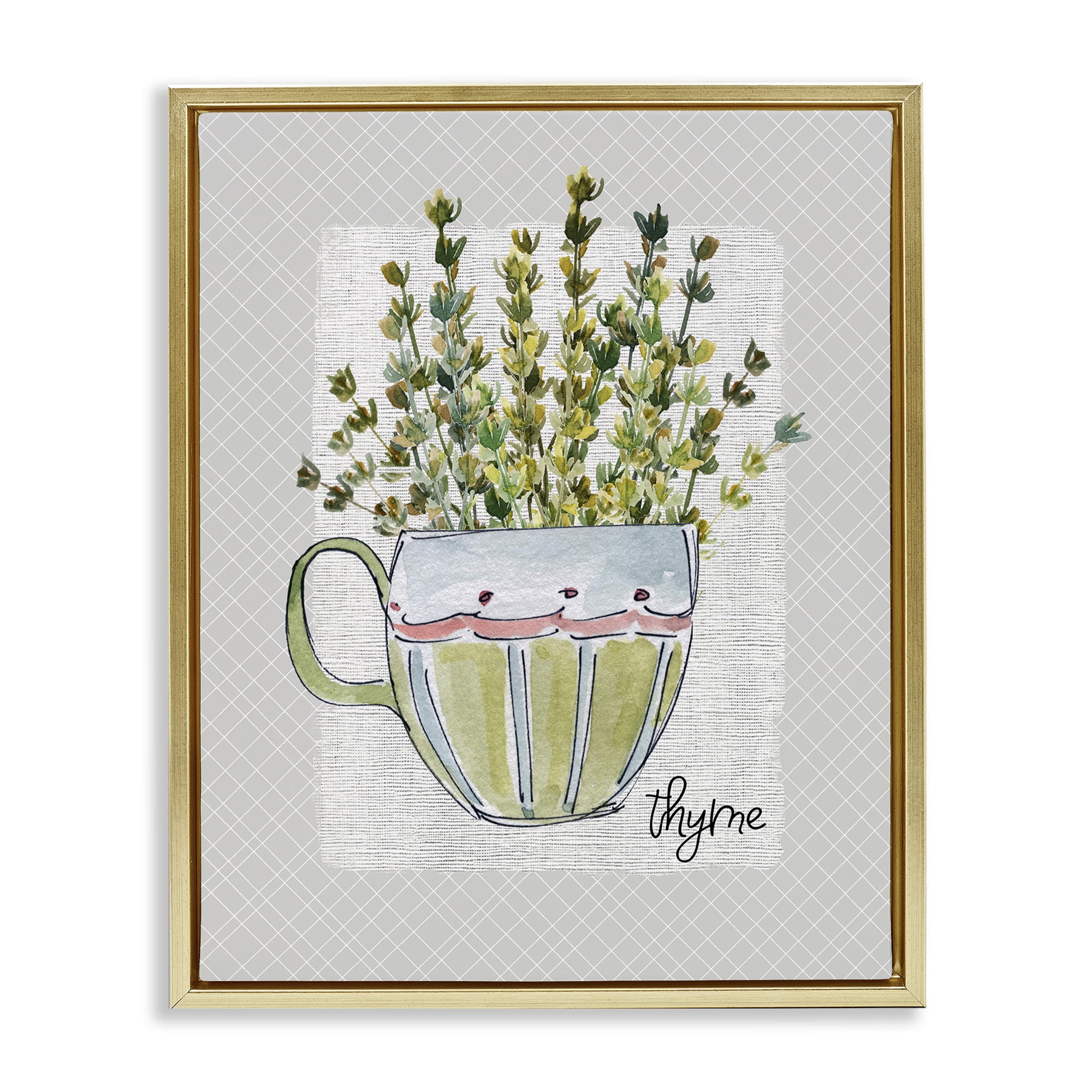 Stupell Industries Thyme Herb Mug Gold Framed Floater Canvas Wall Art, design by Livi Finn