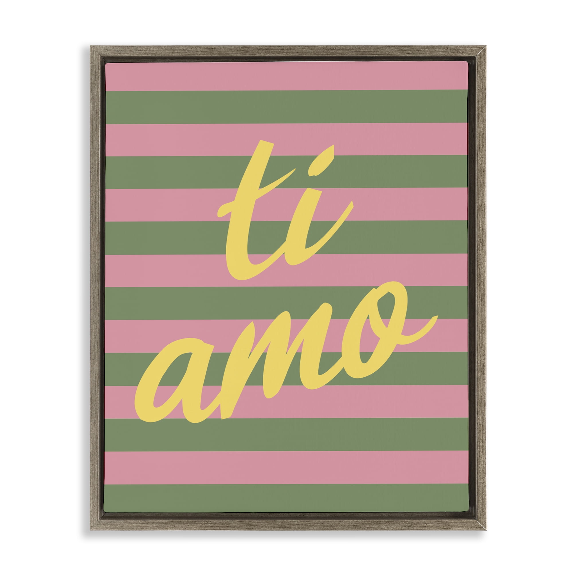 Stupell Industries Ti Amo Pink Green Stripes Brown Framed Floater Canvas Wall Art, design by SD Graphics Studio