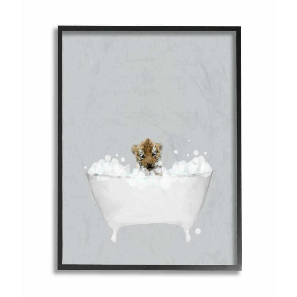 Stupell Industries Tiger Blue Bath Cute Animal Design Graphic Art Black Framed Art Print Wall Art, 24x30, by Leah Straatsma