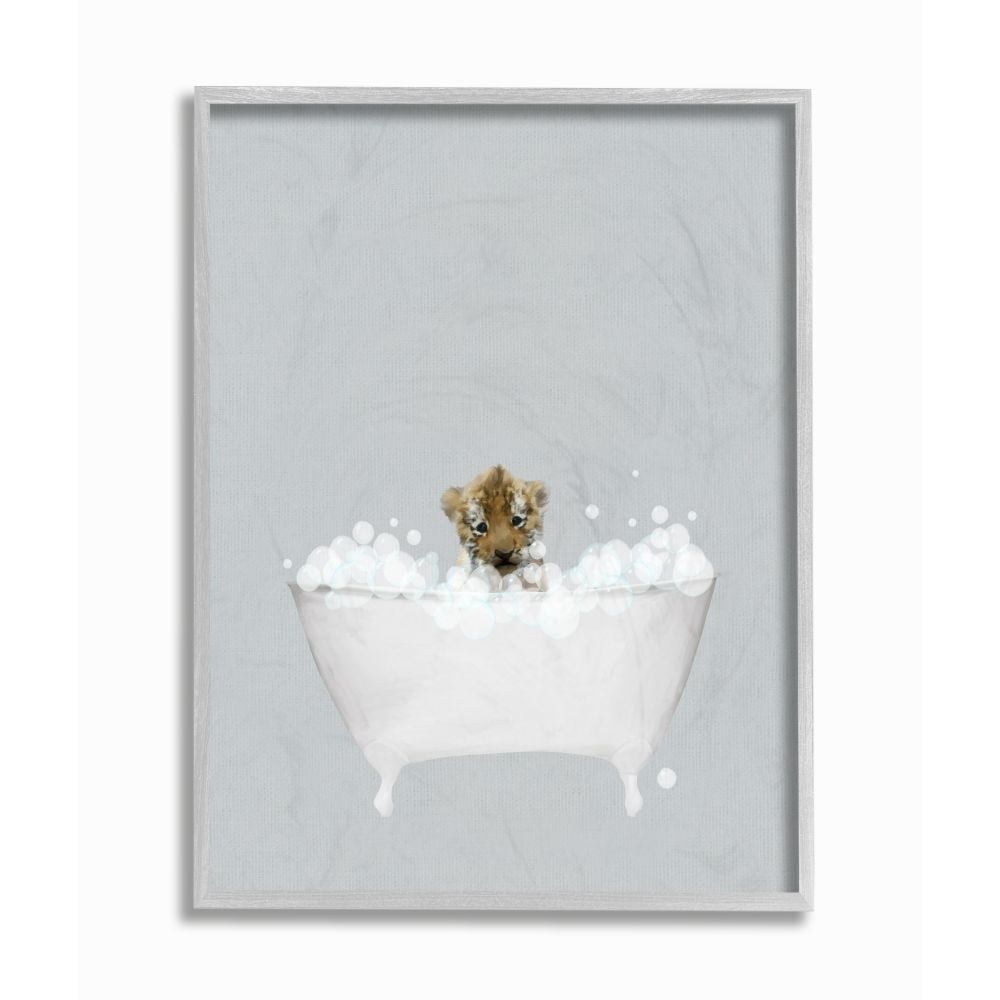 Stupell Industries Tiger Blue Bath Cute Animal Design Graphic Art Gray Framed Art Print Wall Art, 11x14, by Leah Straatsma