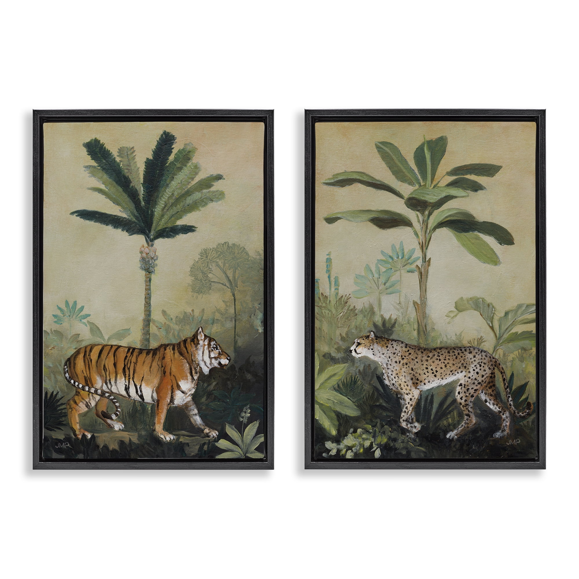 Stupell Industries Tiger Cheetah Jungle Forest Animals Painting Black Floater Framed Canvas Art Print Wall Art, 17 x 25, Set of 2
