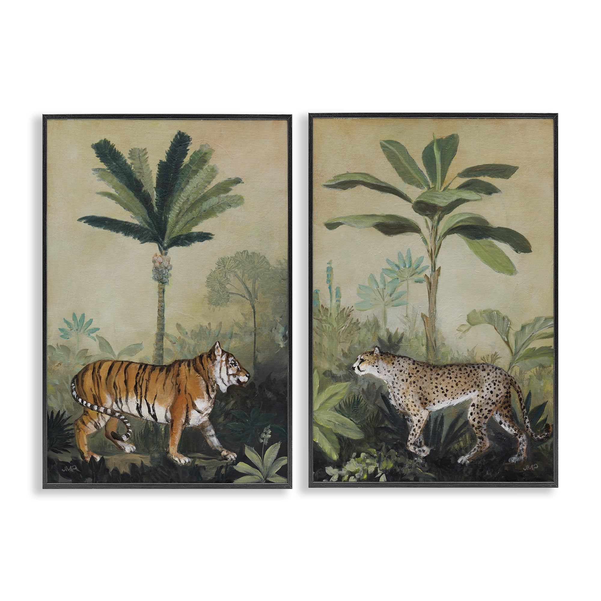 Stupell Industries Tiger Cheetah Jungle Forest Animals Painting Black Framed Art Print Wall Art, 12 x 18, Set of 2
