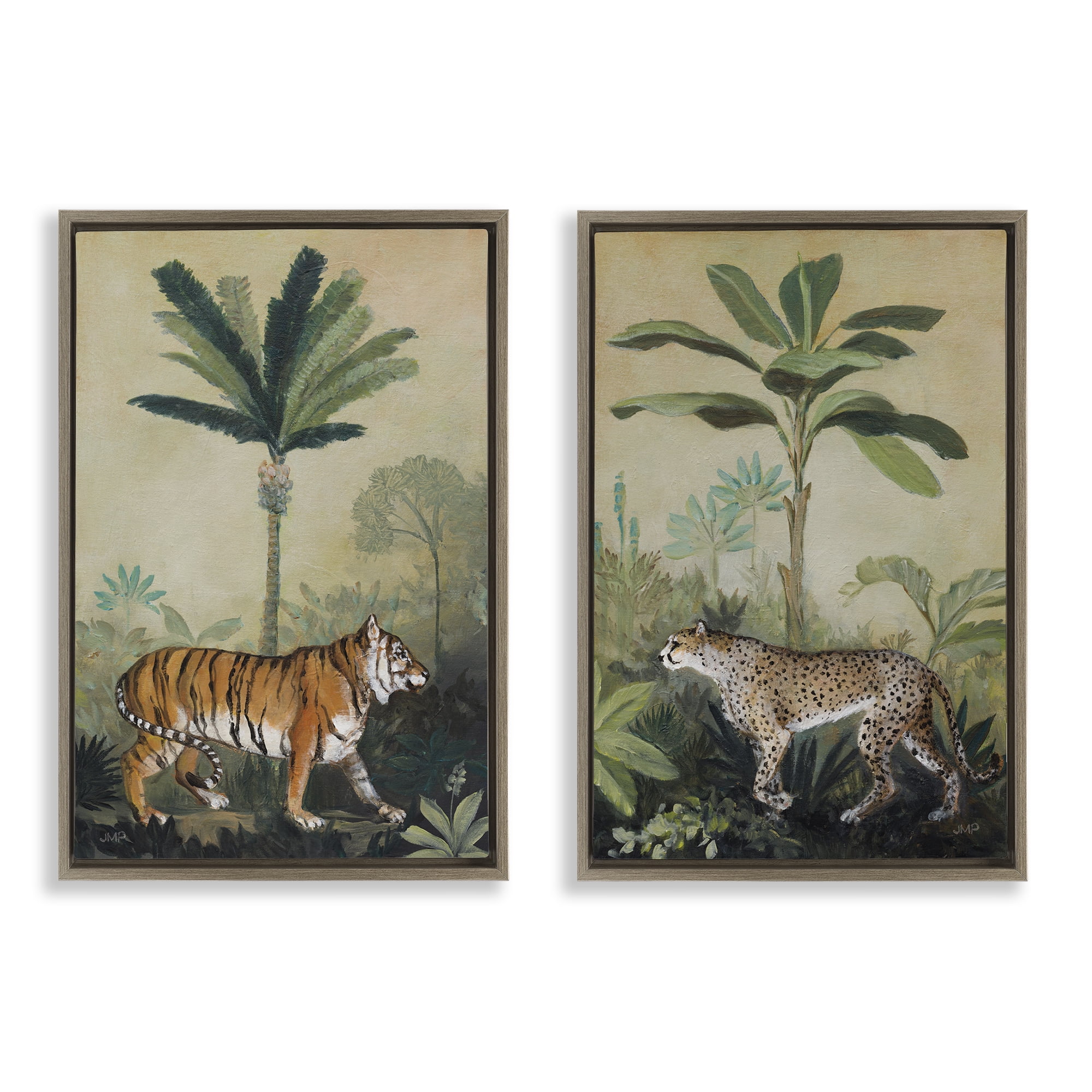 Stupell Industries Tiger Cheetah Jungle Forest Animals Painting Brown Floater Framed Canvas Art Print Wall Art, 21 x 31, Set of 2