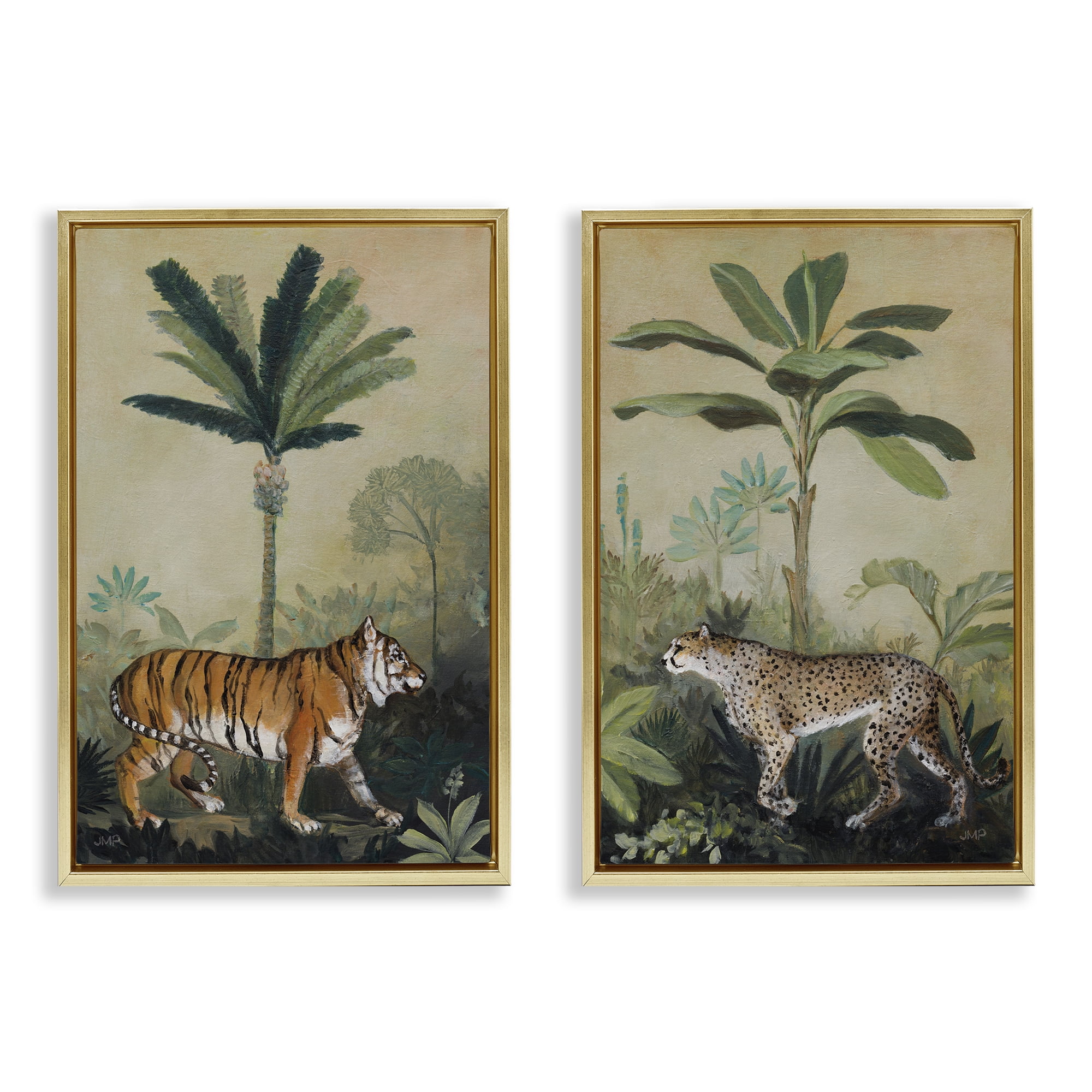 Stupell Industries Tiger Cheetah Jungle Forest Animals Painting Gold Floater Framed Canvas Art Print Wall Art, 21 x 31, Set of 2