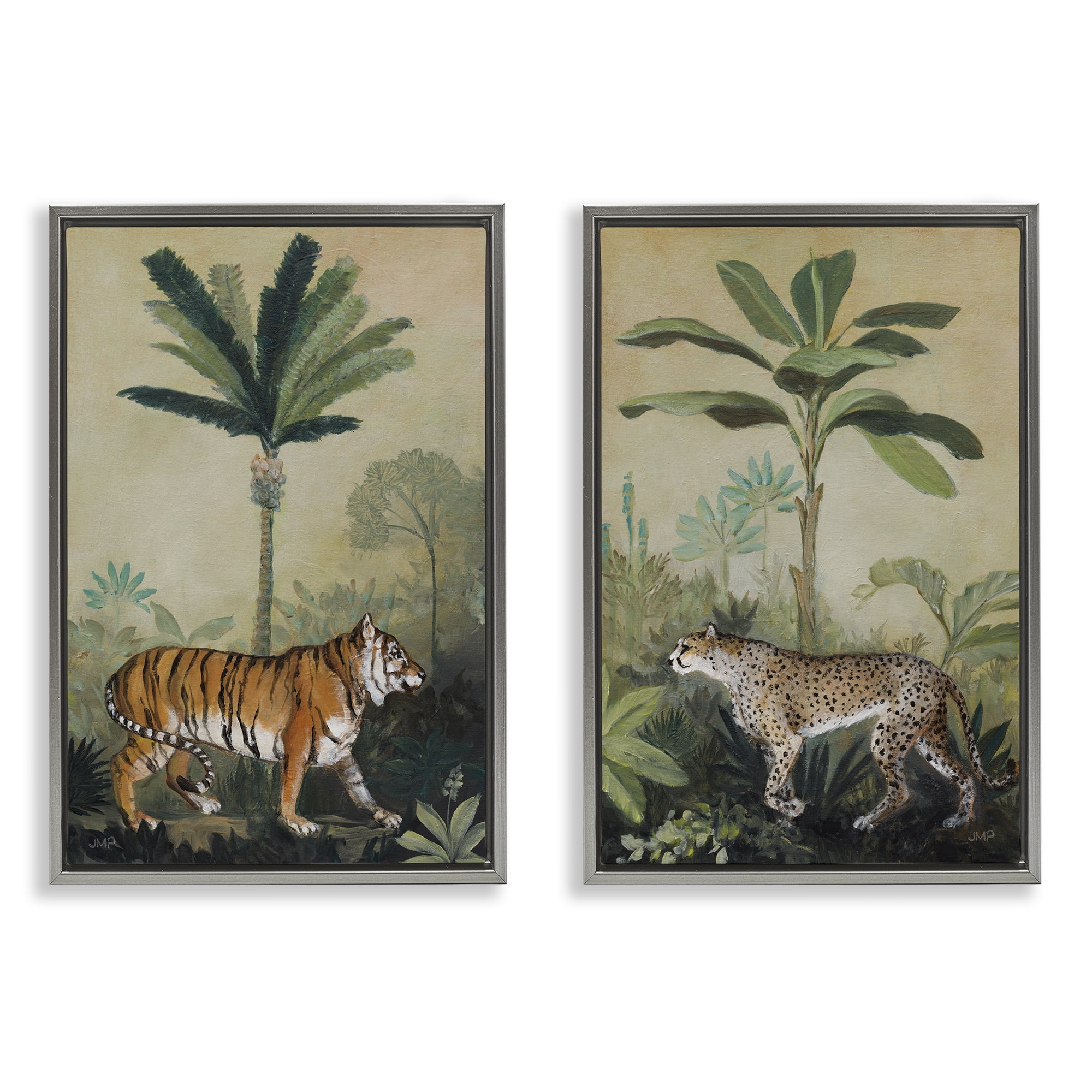 Stupell Industries Tiger Cheetah Jungle Forest Animals Painting Gray Floater Framed Canvas Art Print Wall Art, 21 x 31, Set of 2