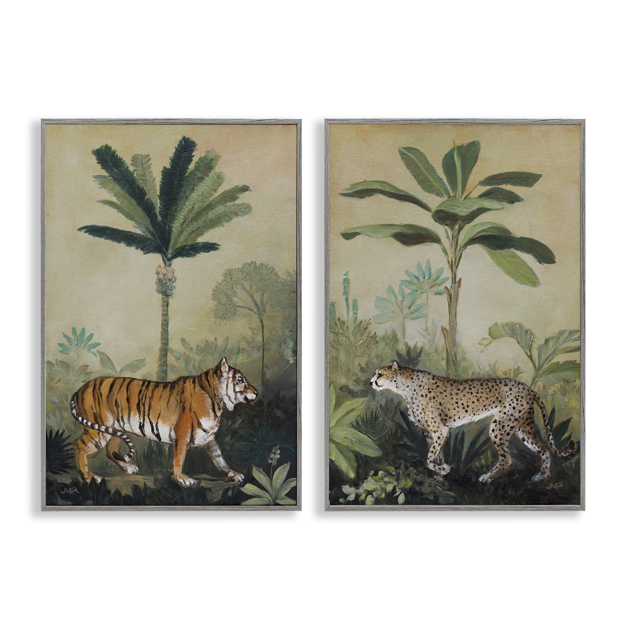 Stupell Industries Tiger Cheetah Jungle Forest Animals Painting Gray Framed Art Print Wall Art, 20 x 30, Set of 2