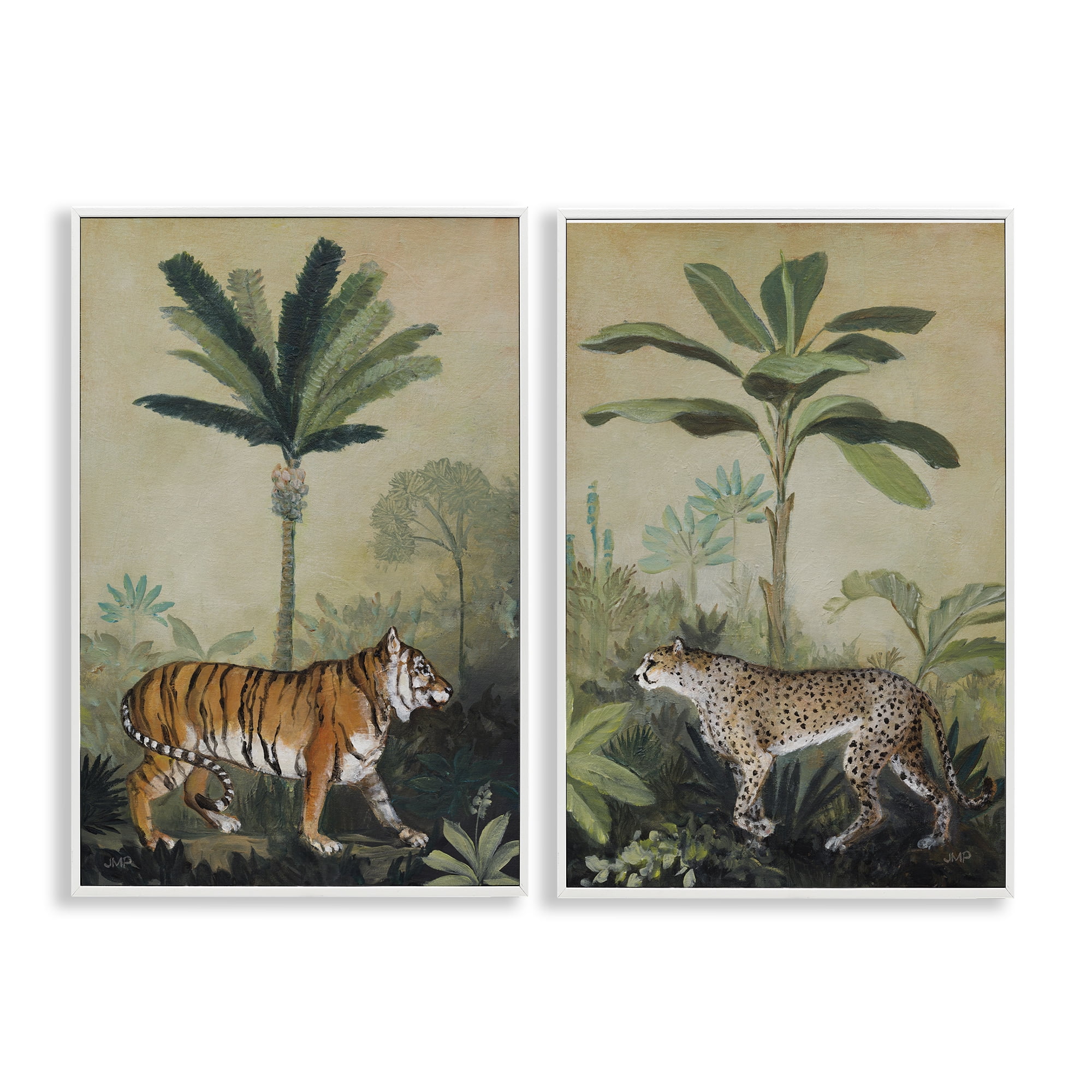 Stupell Industries Tiger Cheetah Jungle Forest Animals Painting White Framed Art Print Wall Art, 20 x 30, Set of 2