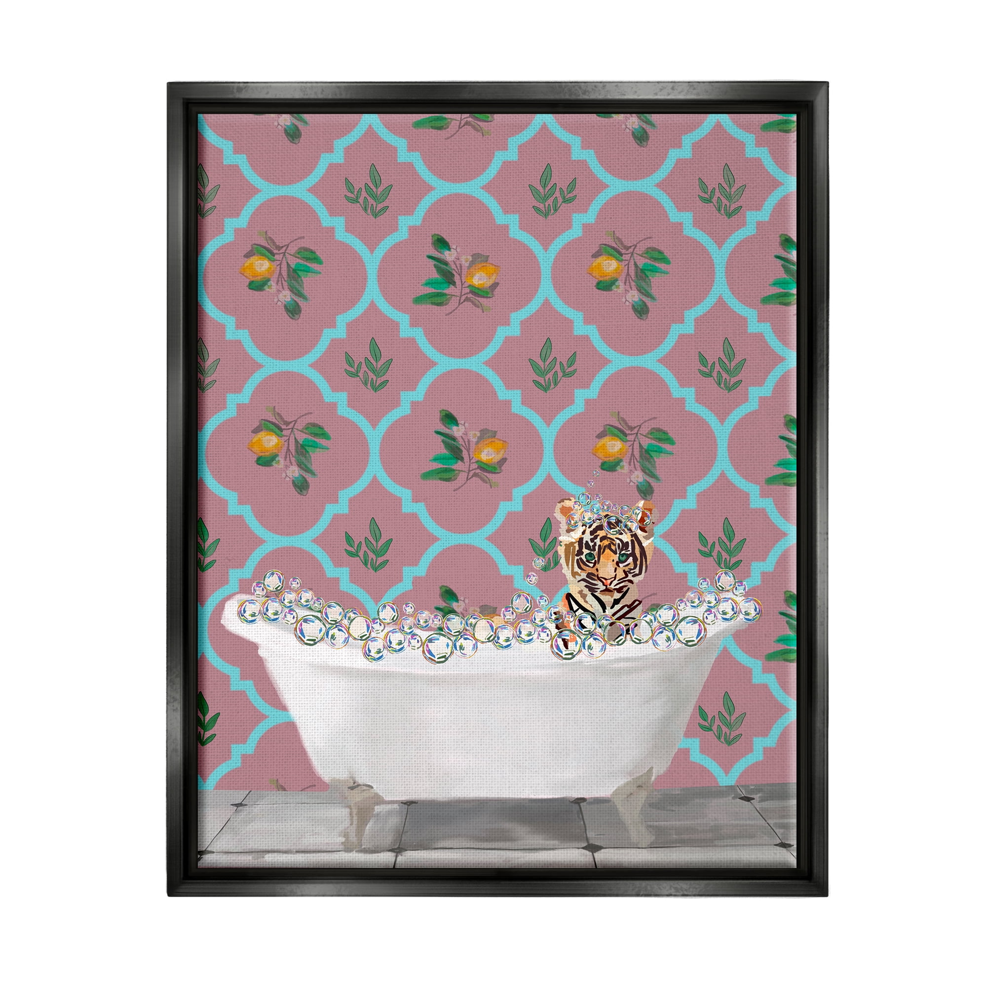 Stupell Industries Tiger Cub in Bath Animals & Insects Painting Black Floater Framed Art Print Wall Art, 17 x 21