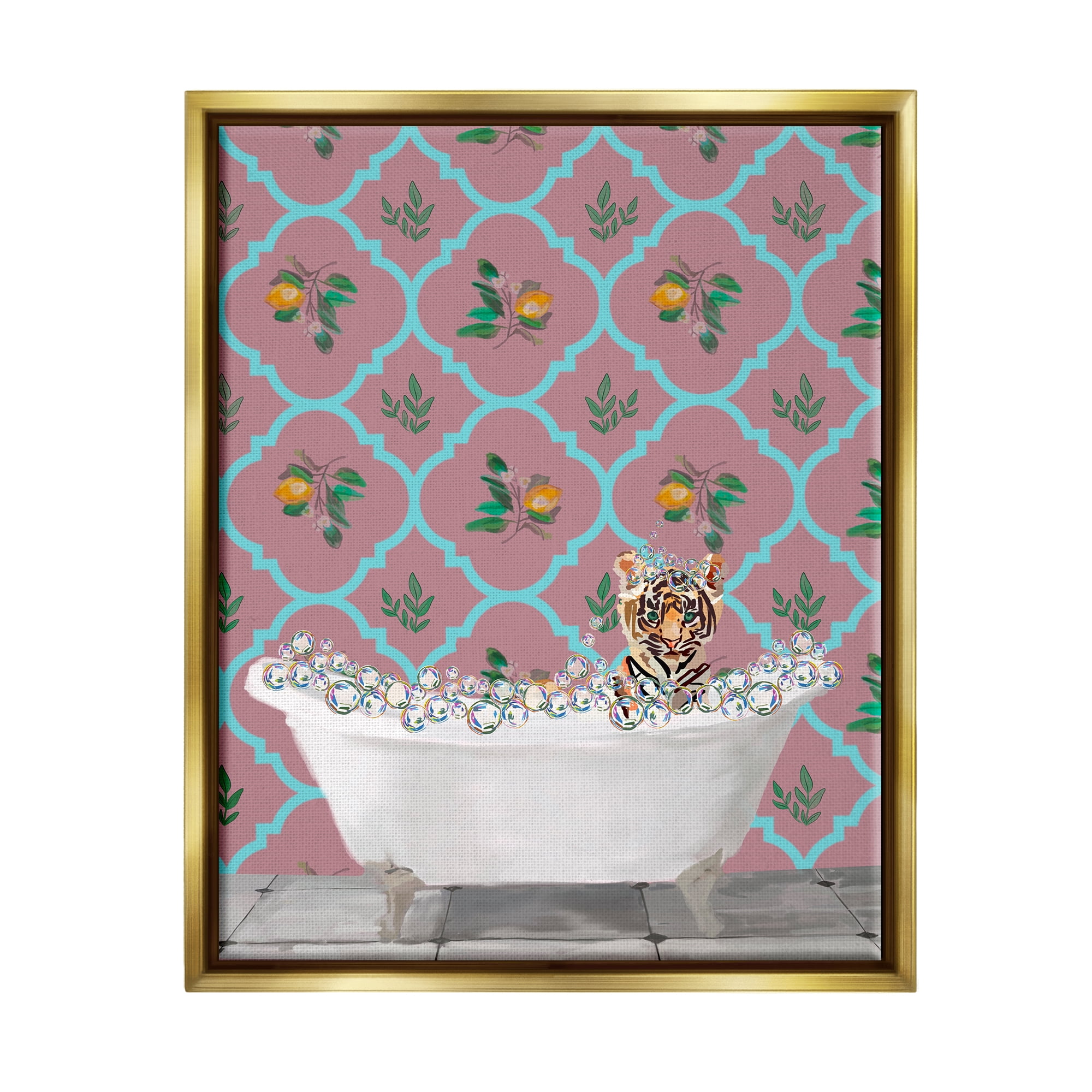 Stupell Industries Tiger Cub in Bath Animals & Insects Painting Gold Floater Framed Art Print Wall Art, 25 x 31