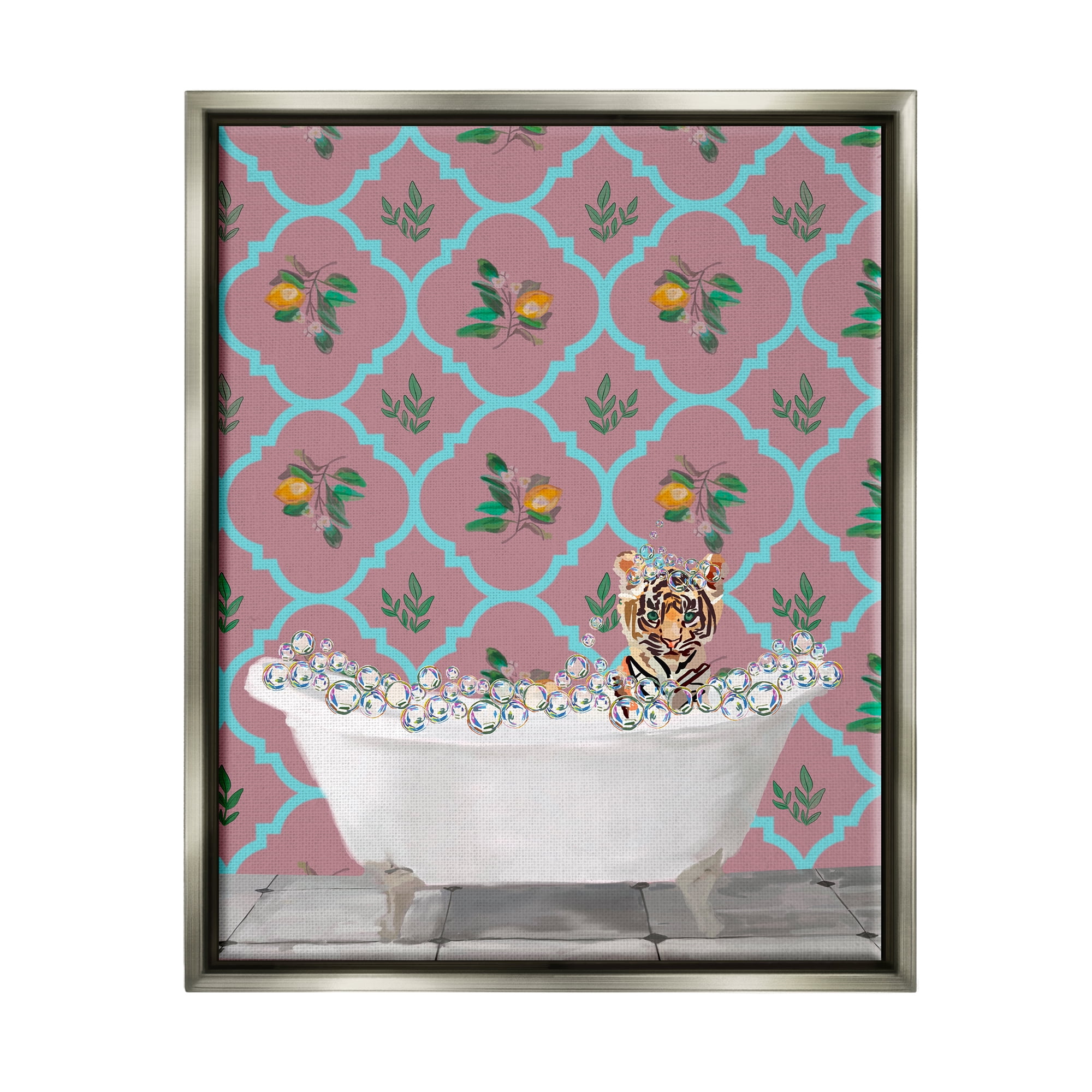 Stupell Industries Tiger Cub in Bath Animals & Insects Painting Gray Floater Framed Art Print Wall Art, 25 x 31