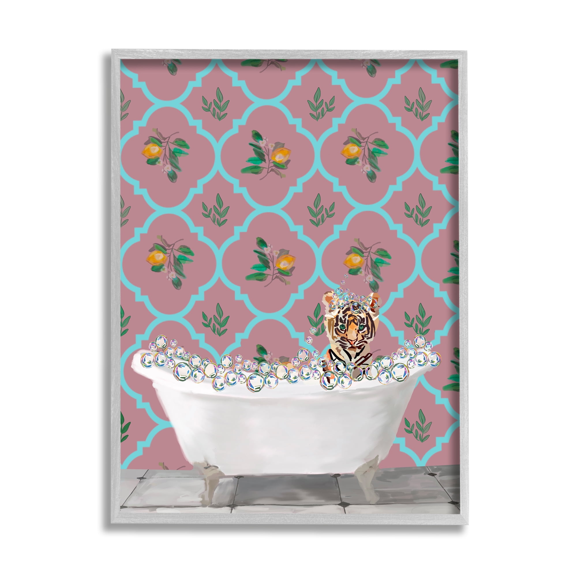 Stupell Industries Tiger Cub in Bath Animals & Insects Painting Gray Framed Art Print Wall Art, 16 x 20