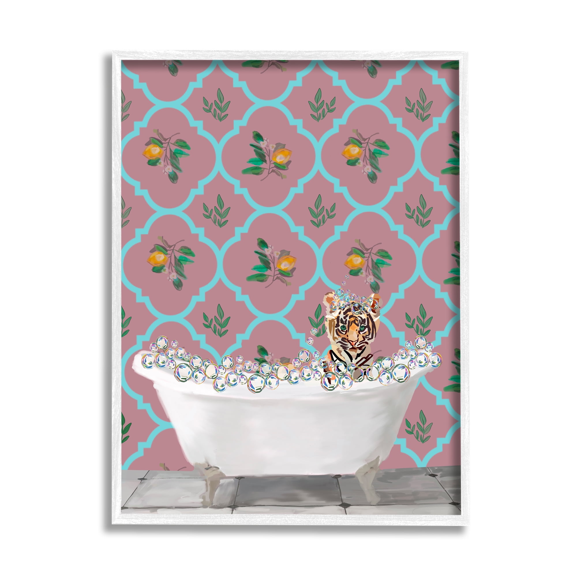 Stupell Industries Tiger Cub in Bath Animals & Insects Painting White Framed Art Print Wall Art, 24 x 30
