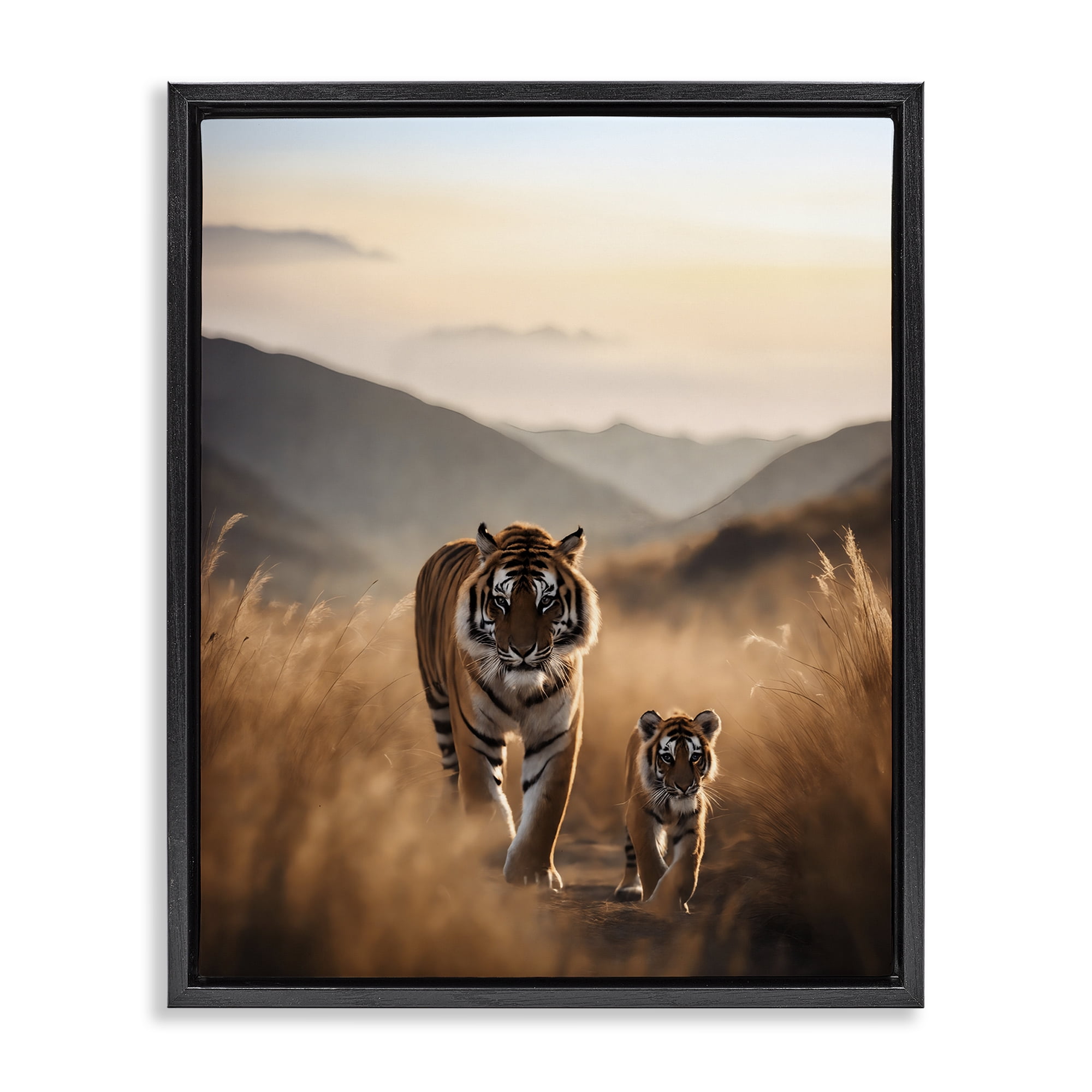 Stupell Industries Tiger & Cub on Savanna Animals Painting Black Floater Framed Canvas Art Print Wall Art, 25 x 31