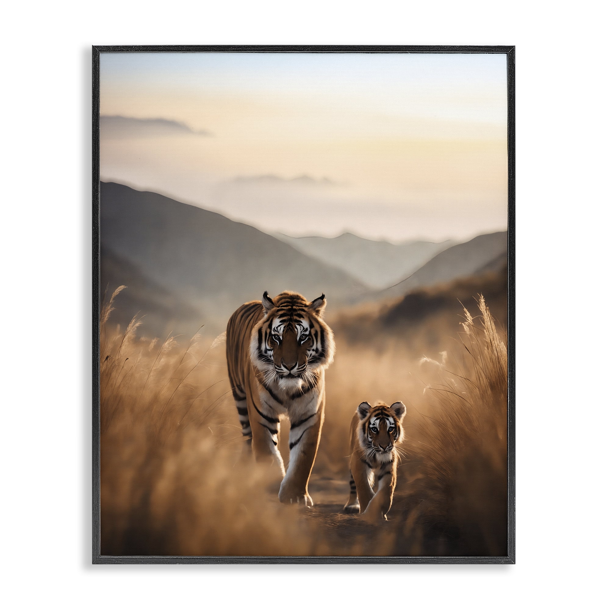 Stupell Industries Tiger & Cub on Savanna Animals Painting Black Framed Art Print Wall Art, 16 x 20