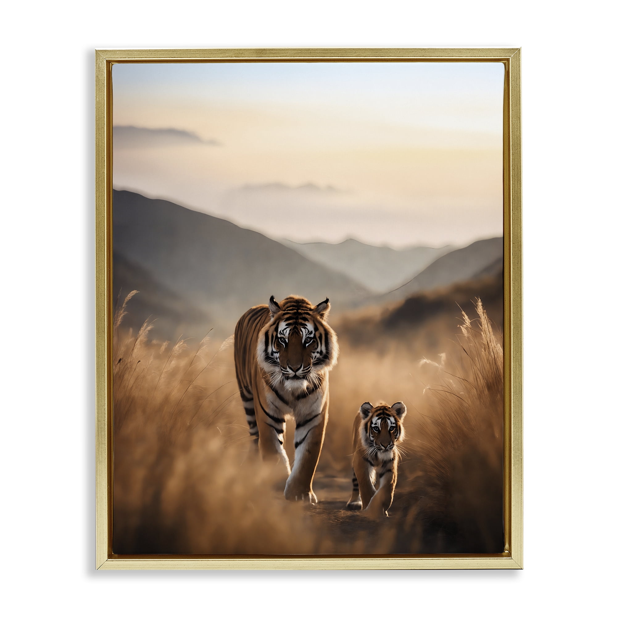 Stupell Industries Tiger & Cub on Savanna Animals Painting Gold Floater Framed Canvas Art Print Wall Art, 17 x 21