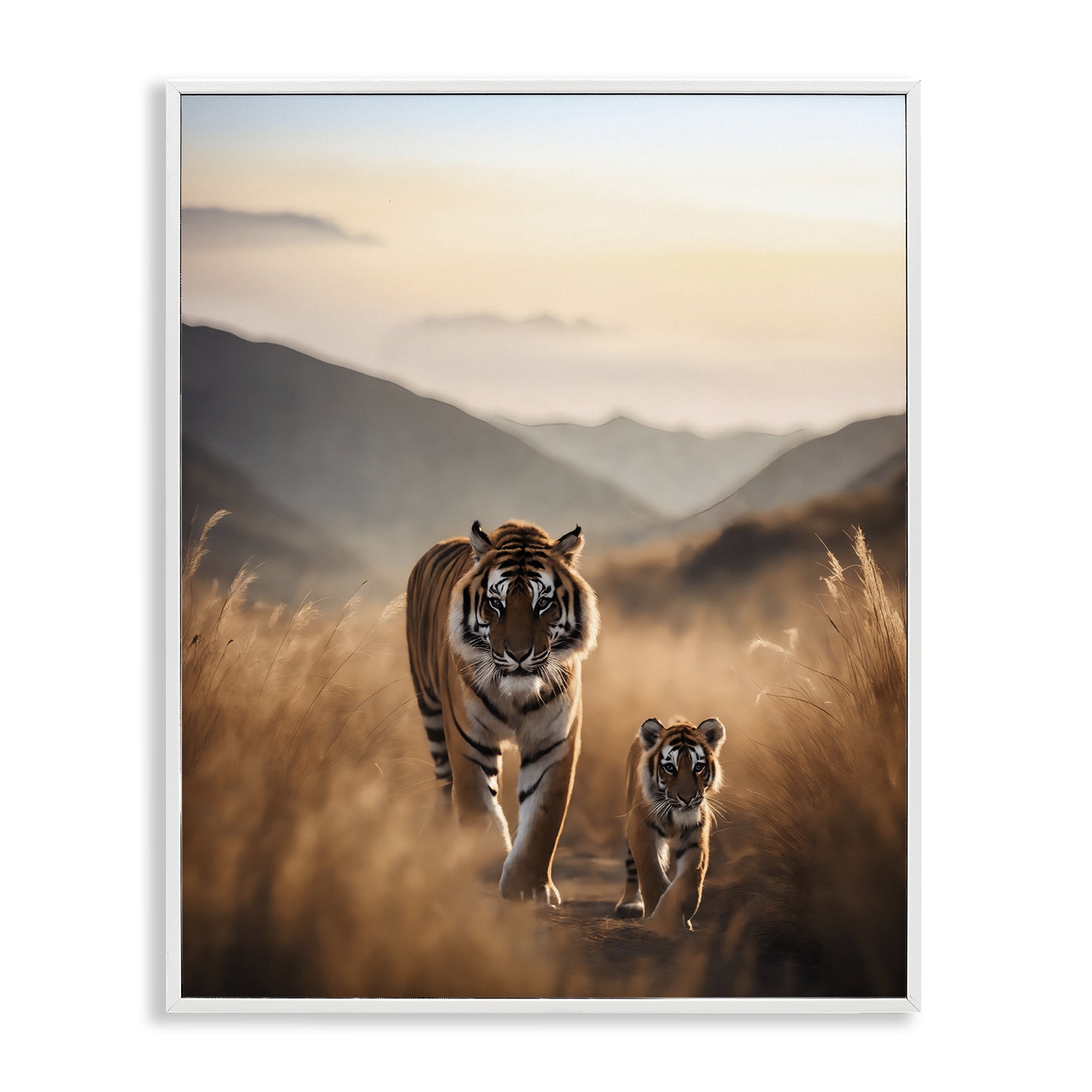 Stupell Industries Tiger & Cub on Savanna Animals Painting White Framed Art Print Wall Art, 11 x 14