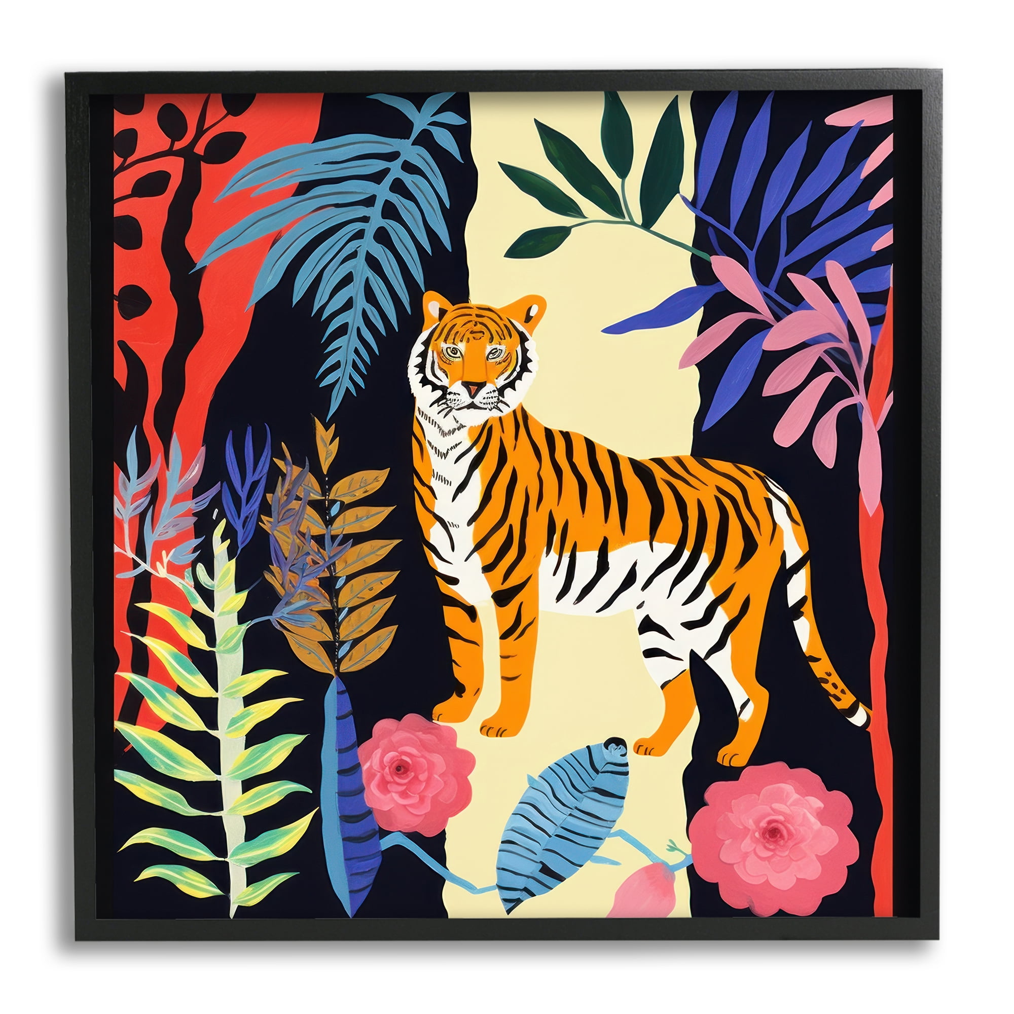 Stupell Industries Tiger & Cutout Plants Animals & Insects Painting Black Framed Art Print Wall Art, 24 x 24