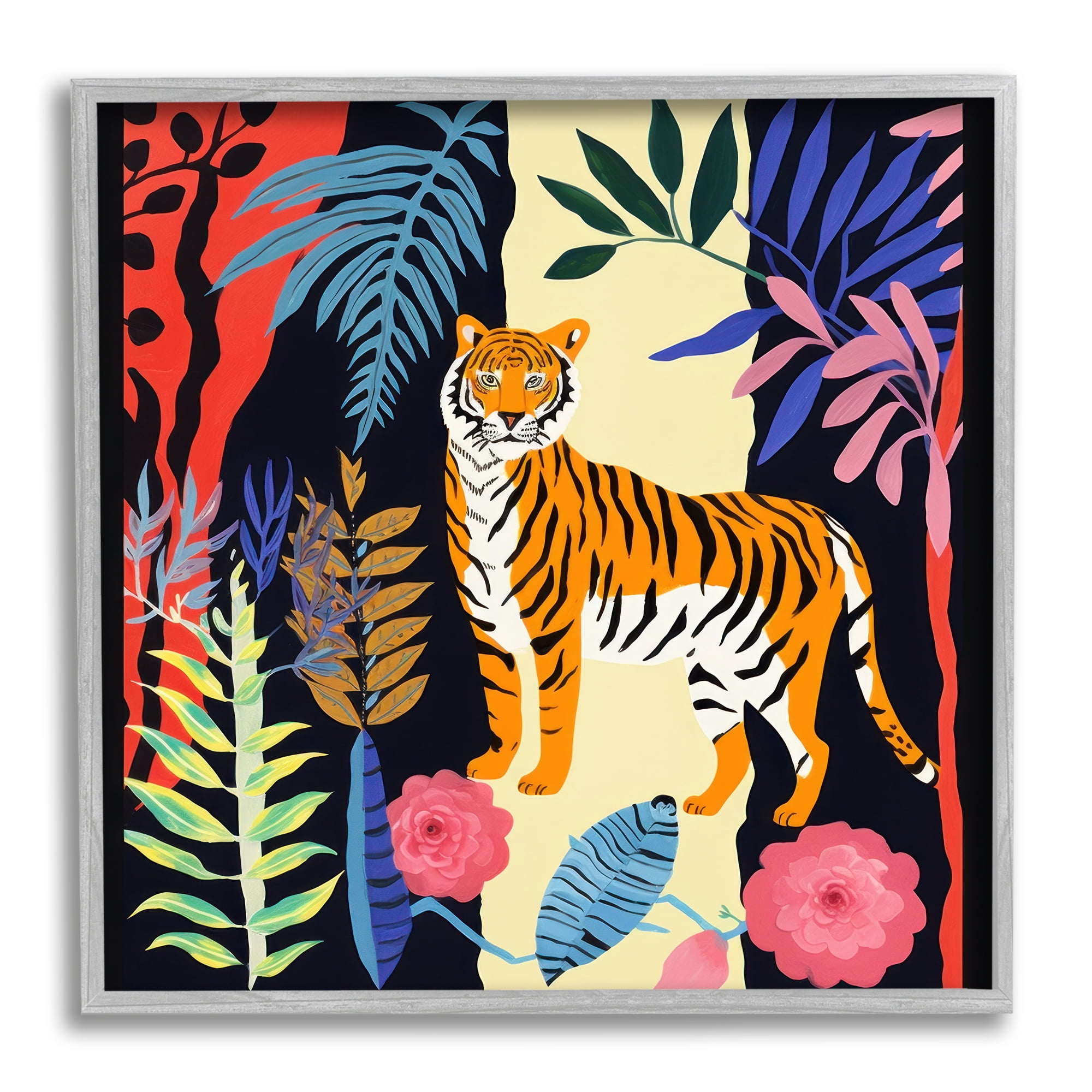 Stupell Industries Tiger & Cutout Plants Animals & Insects Painting Gray Framed Art Print Wall Art, 12 x 12