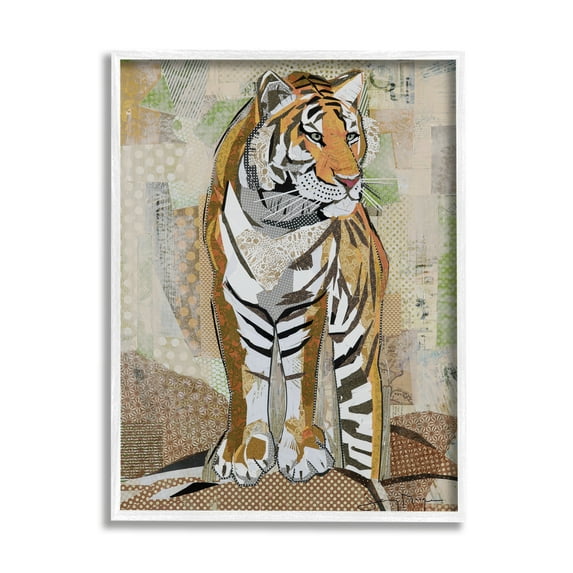 Stupell Industries Tiger Gazing Abstract Shape Collage Orange Brown Modern Painting White Framed Art Print Wall Art, 16 x 20, Design by Jenny McGee