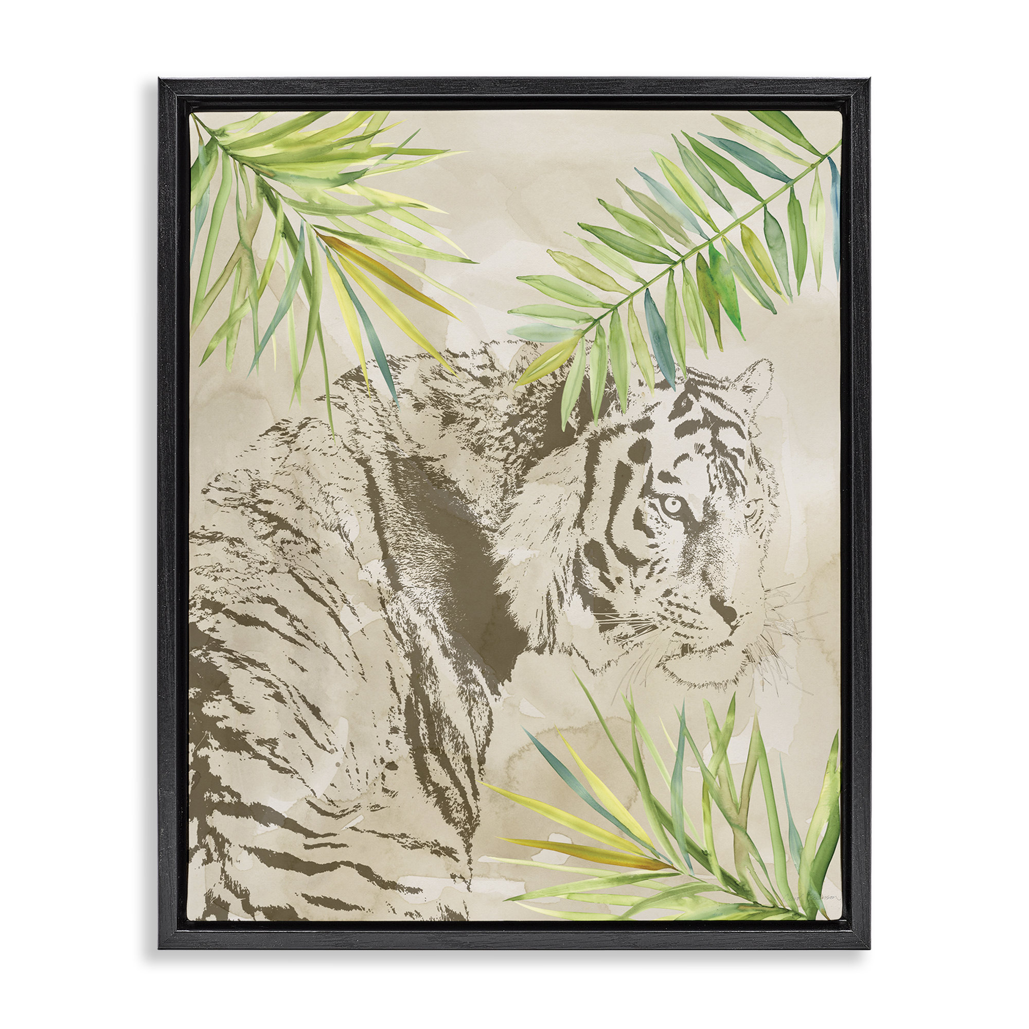 Stupell Industries Tiger Impression & Palms Animals Painting Black Floater Framed Canvas Art Print Wall Art, 25 x 31