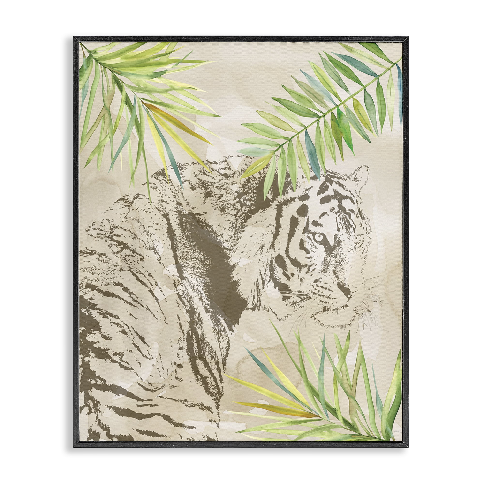 Stupell Industries Tiger Impression & Palms Animals Painting Black Framed Art Print Wall Art, 24 x 30