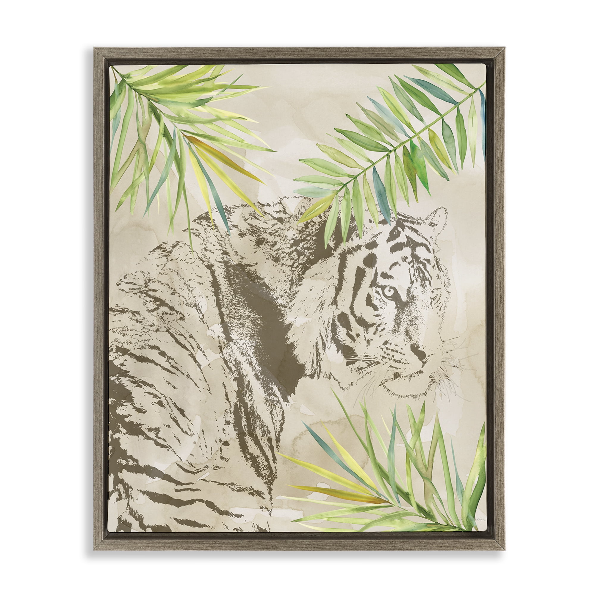 Stupell Industries Tiger Impression & Palms Animals Painting Brown Floater Framed Canvas Art Print Wall Art, 17 x 21