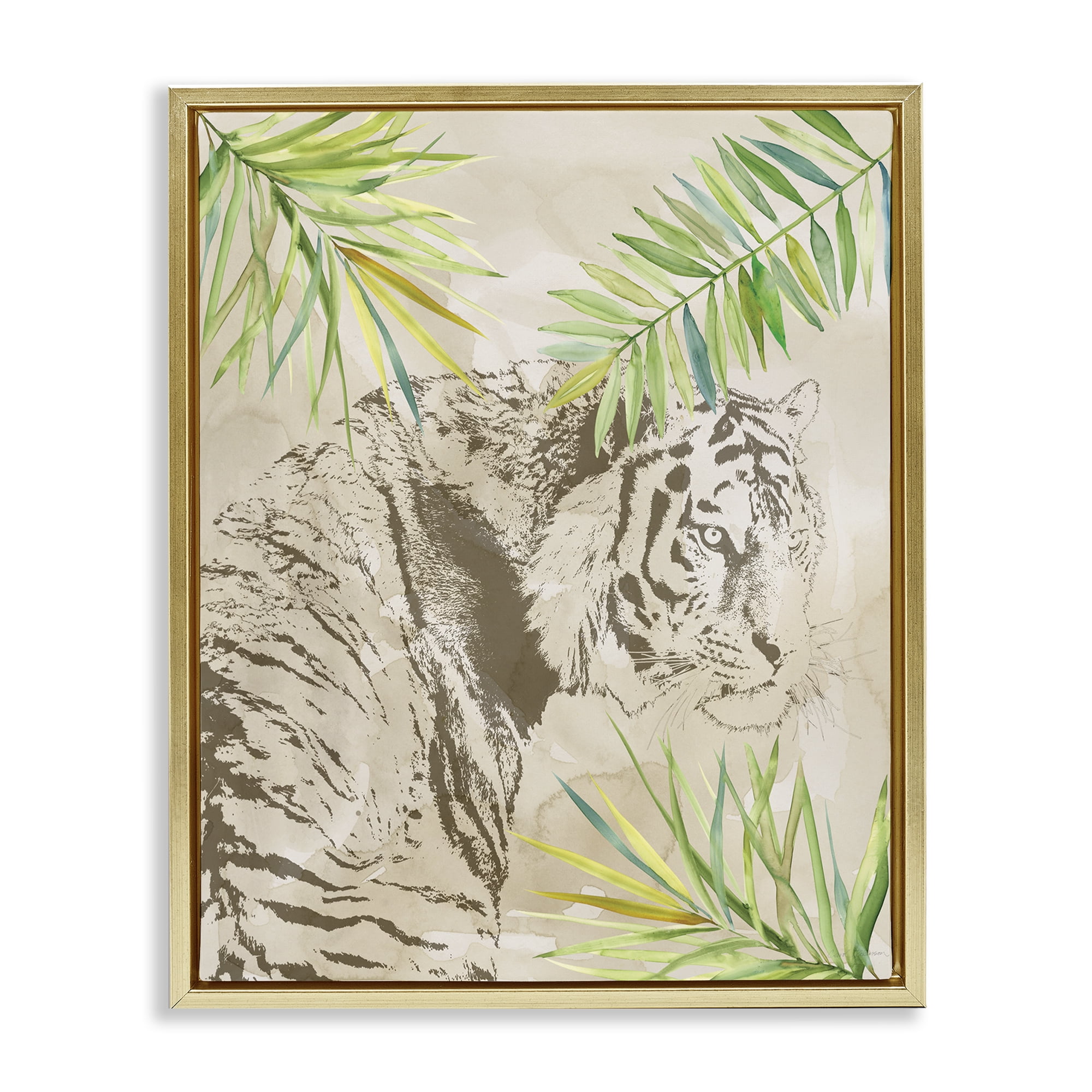 Stupell Industries Tiger Impression & Palms Animals Painting Gold Floater Framed Canvas Art Print Wall Art, 25 x 31